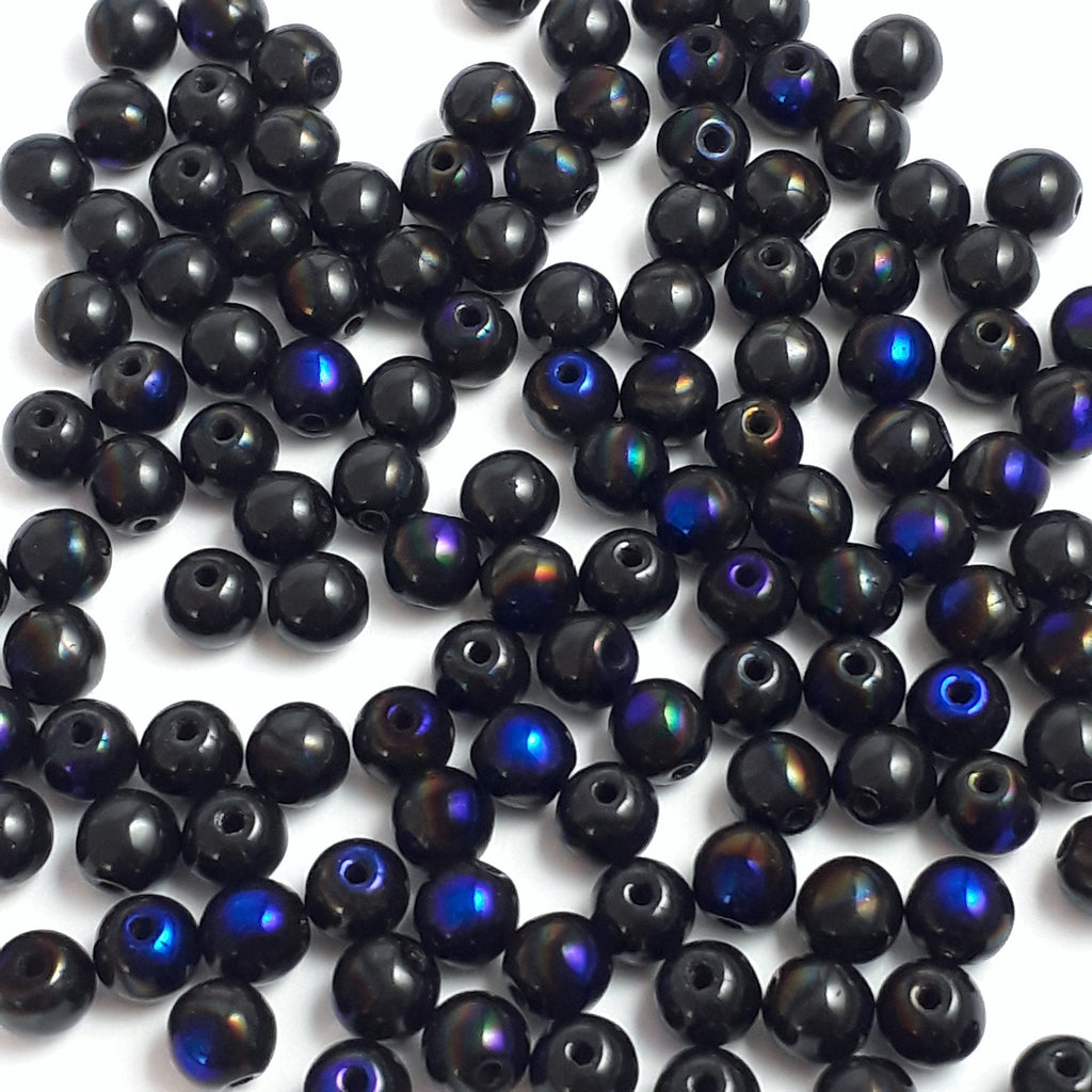 Black & Metallic Blue Czech Glass Round 6mm - 30pcs