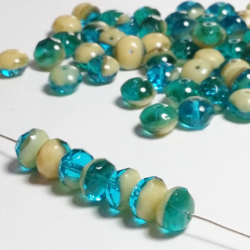 Turquoise & Beige Czech Glass Rondelle 8x6mm - 10pcs