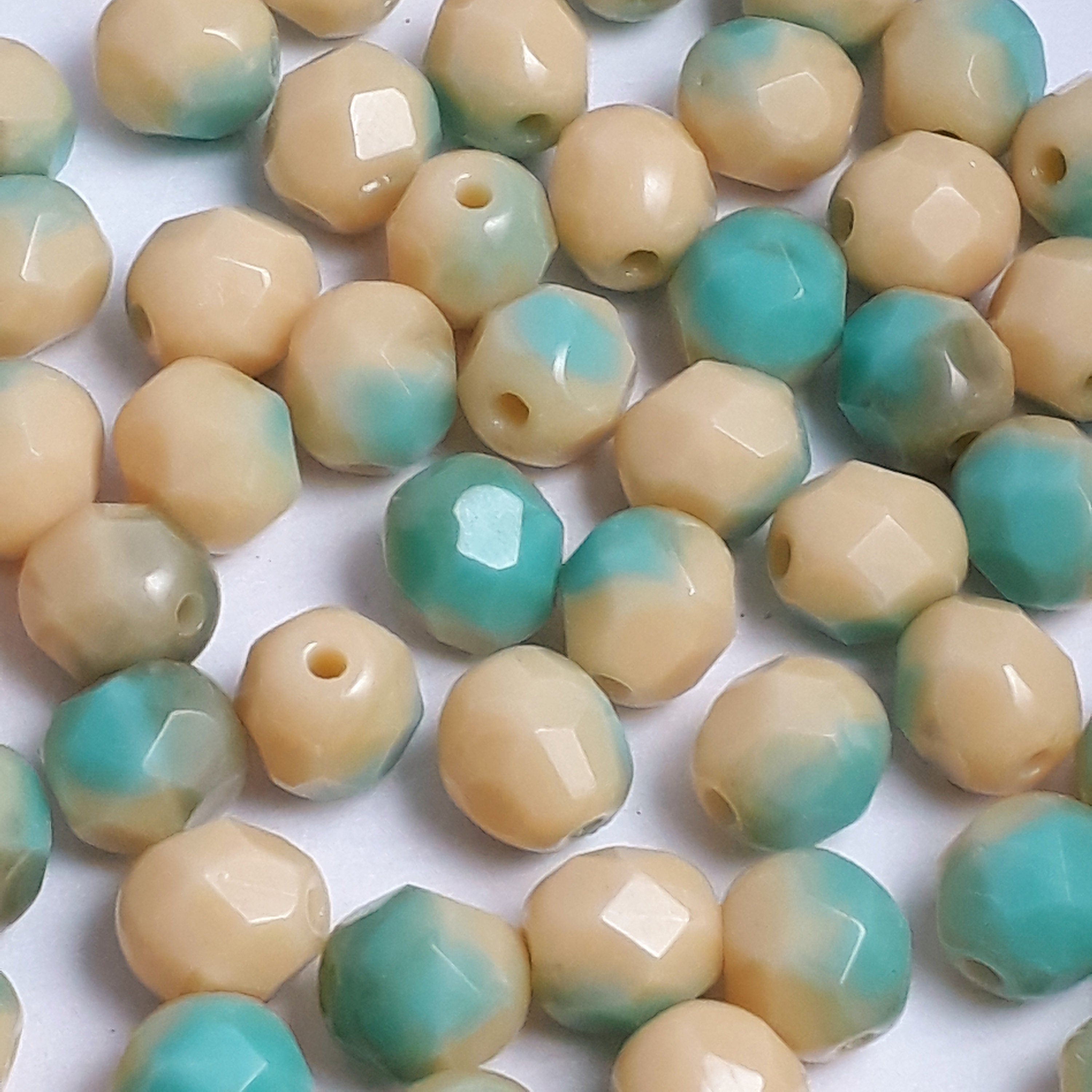 Turquoise & Cream Czech Glass Faceted Round 6mm - 20pcs