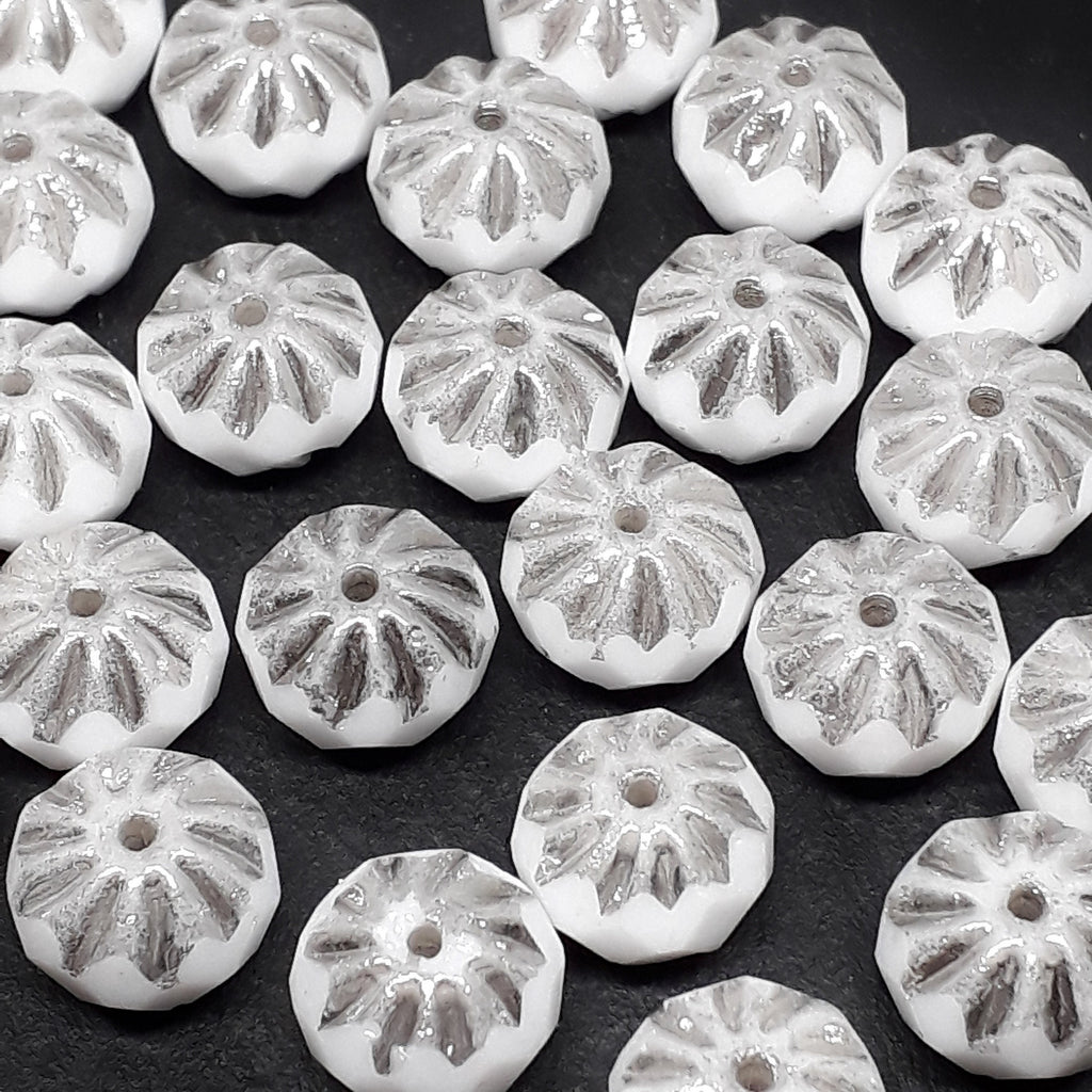White & Silver Cathedral Czech Glass Faceted Rondelle 10x7mm - 6pcs