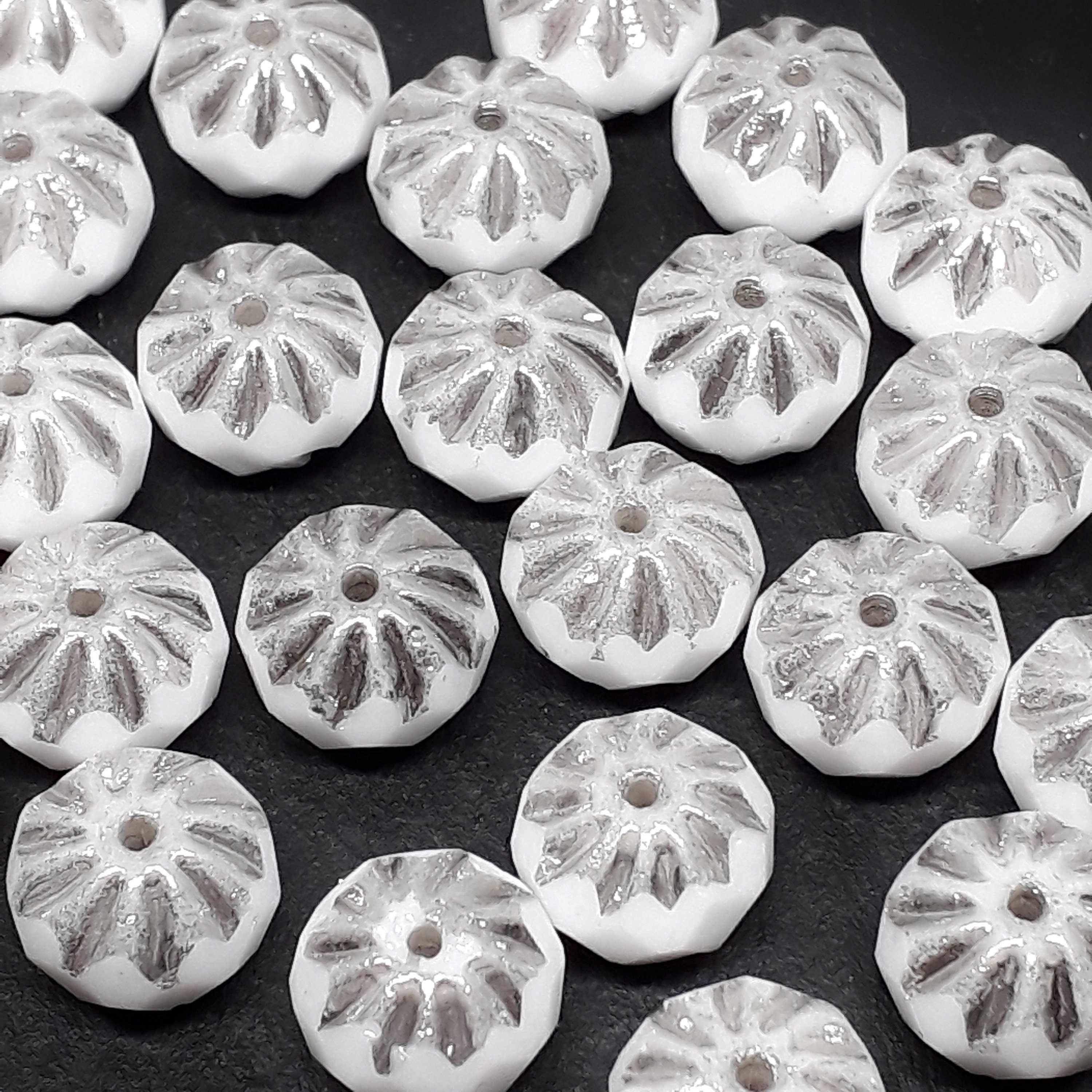 White & Silver Cathedral Czech Glass Faceted Rondelle 10x7mm - 6pcs