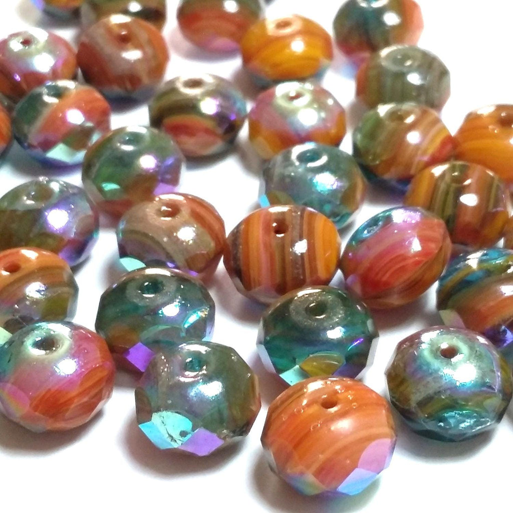 Burnt Orange & Metallic Blue Czech Glass Rondelle 11x7mm - 6pcs