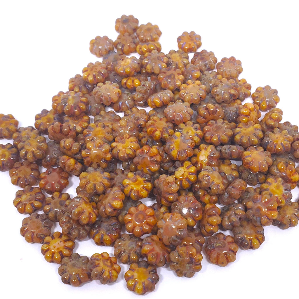 Brown Picasso Czech Glass Hawaiian Flower 9mm - 10pcs