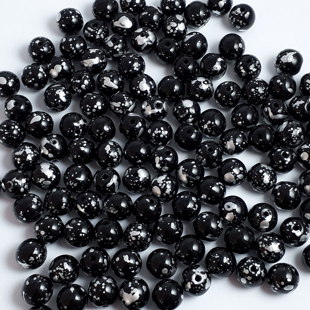 Opaque Black & Mottled Silver Czech Glass Round 6mm - 30pcs