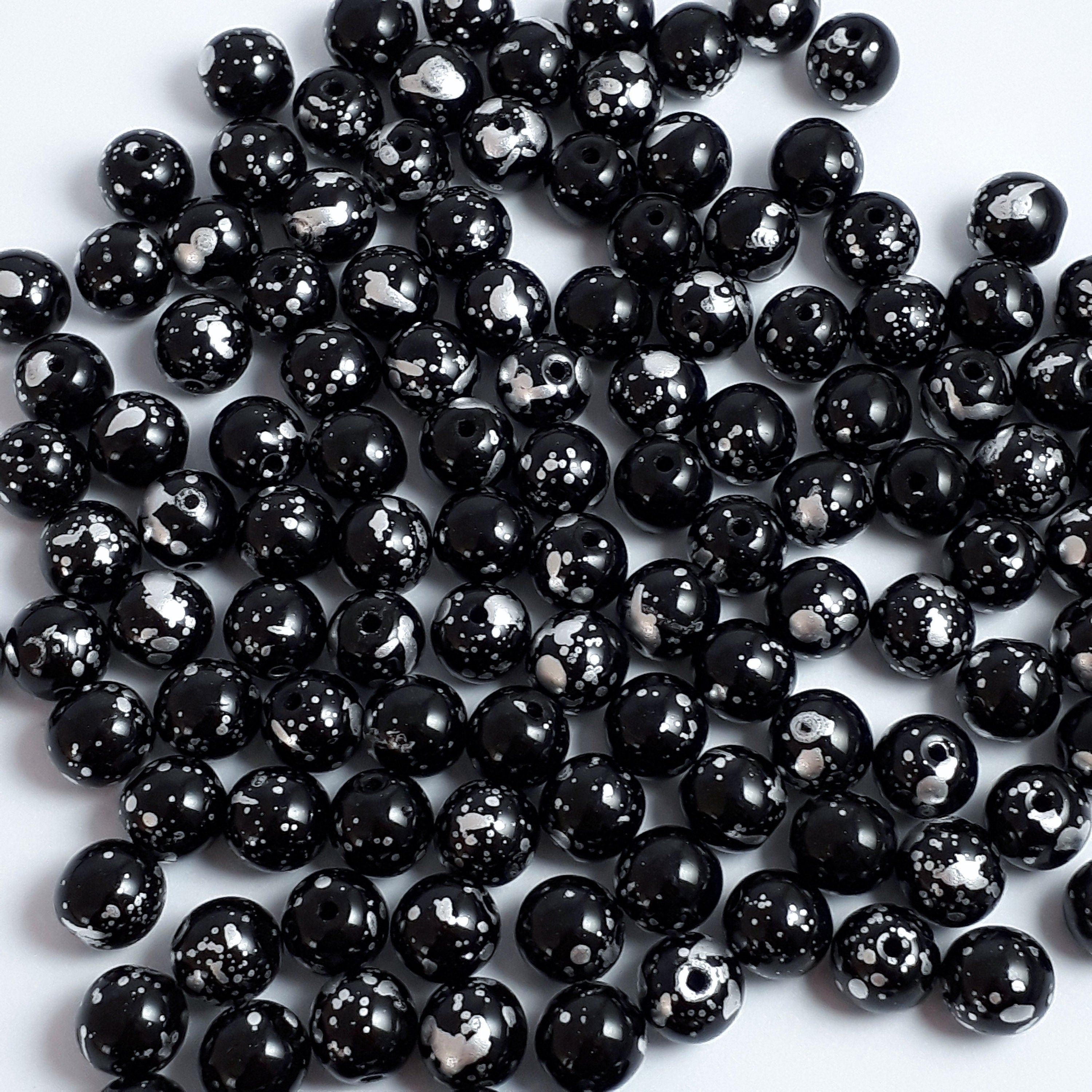 Opaque Black & Mottled Silver Czech Glass Round 6mm - 30pcs