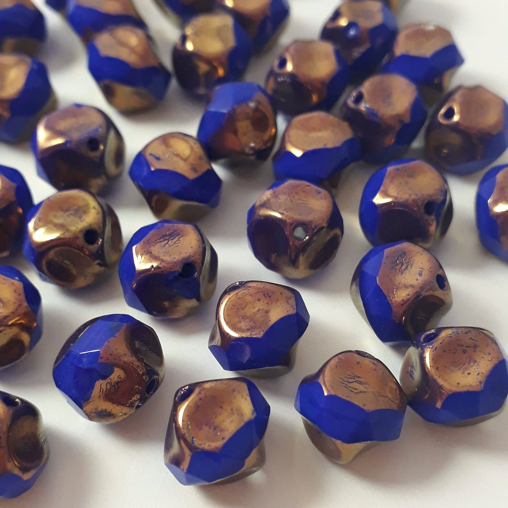 Blue & Copper Faceted Round Czech Glass 9x8mm - 6pcs