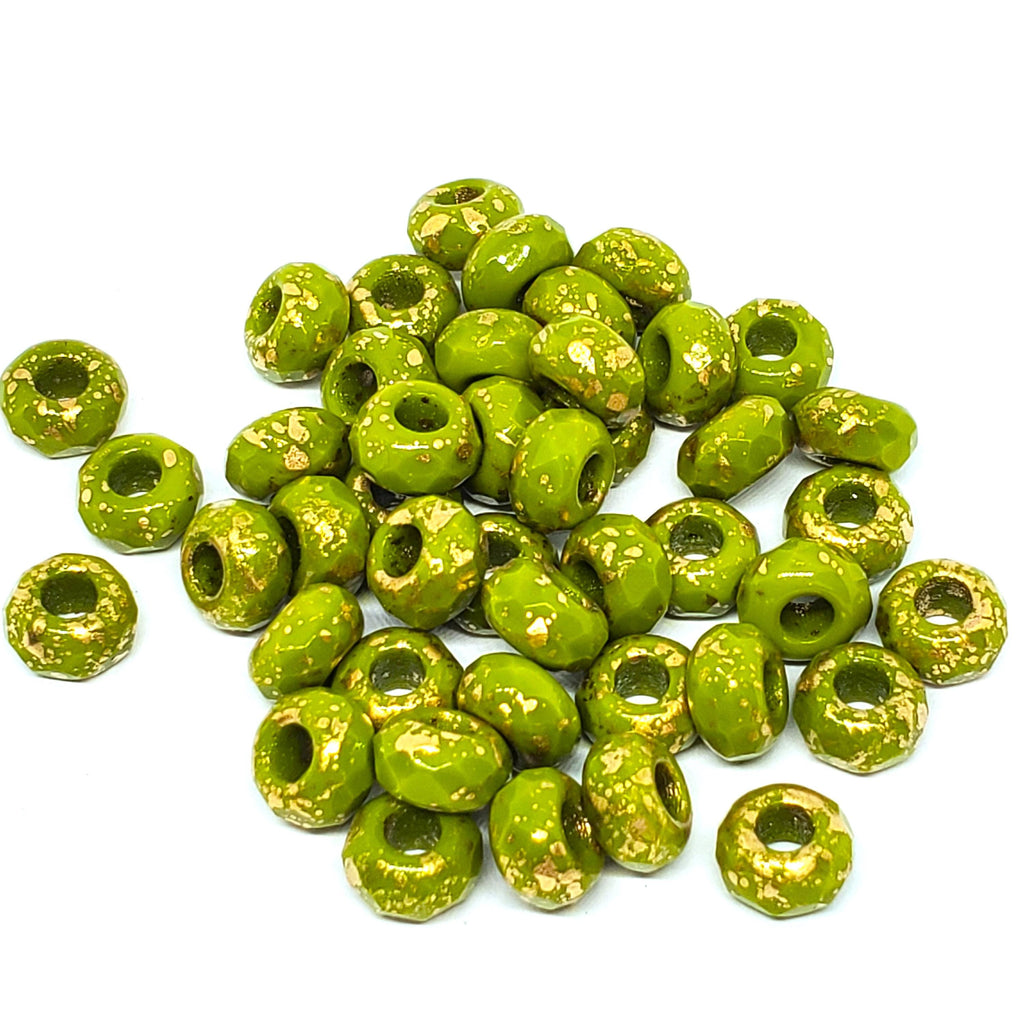 Green & Gold Czech Glass Donut 9x6mm - 6pcs