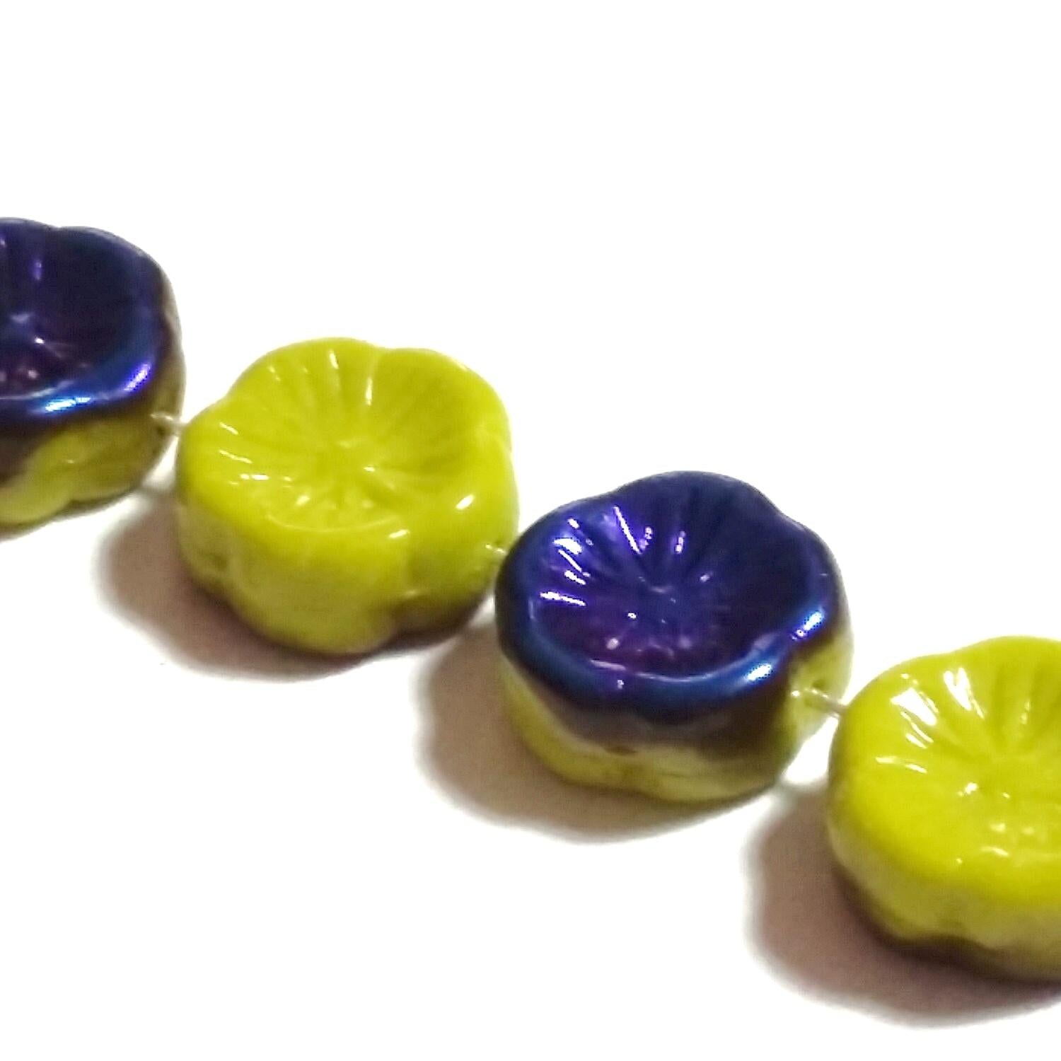 Green & Metallic Blue Hawaiian Flower Czech Glass 12mm - 6pcs