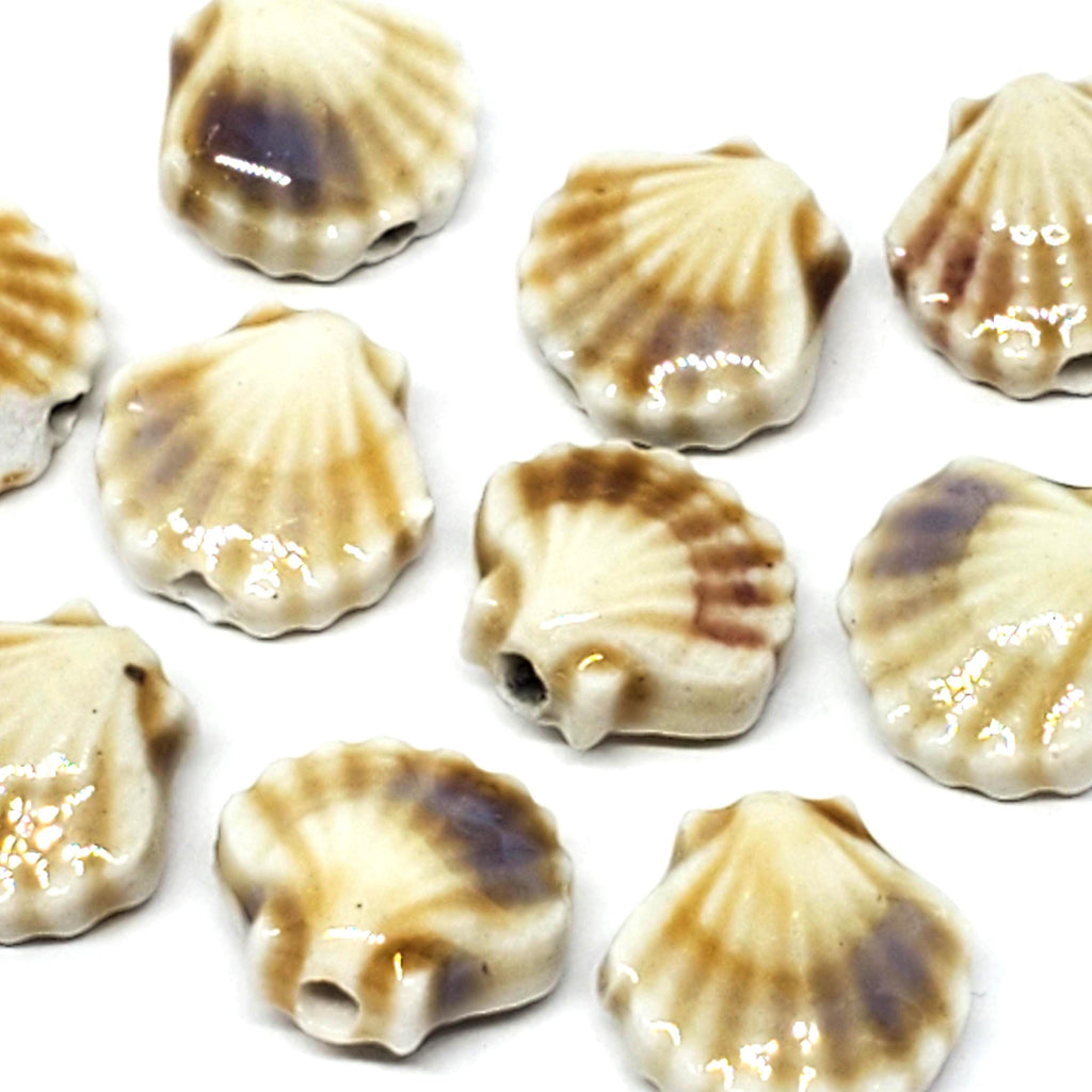 Scallop Shell Glazed Ceramic Brown & Purple 12x11mm - 2pcs