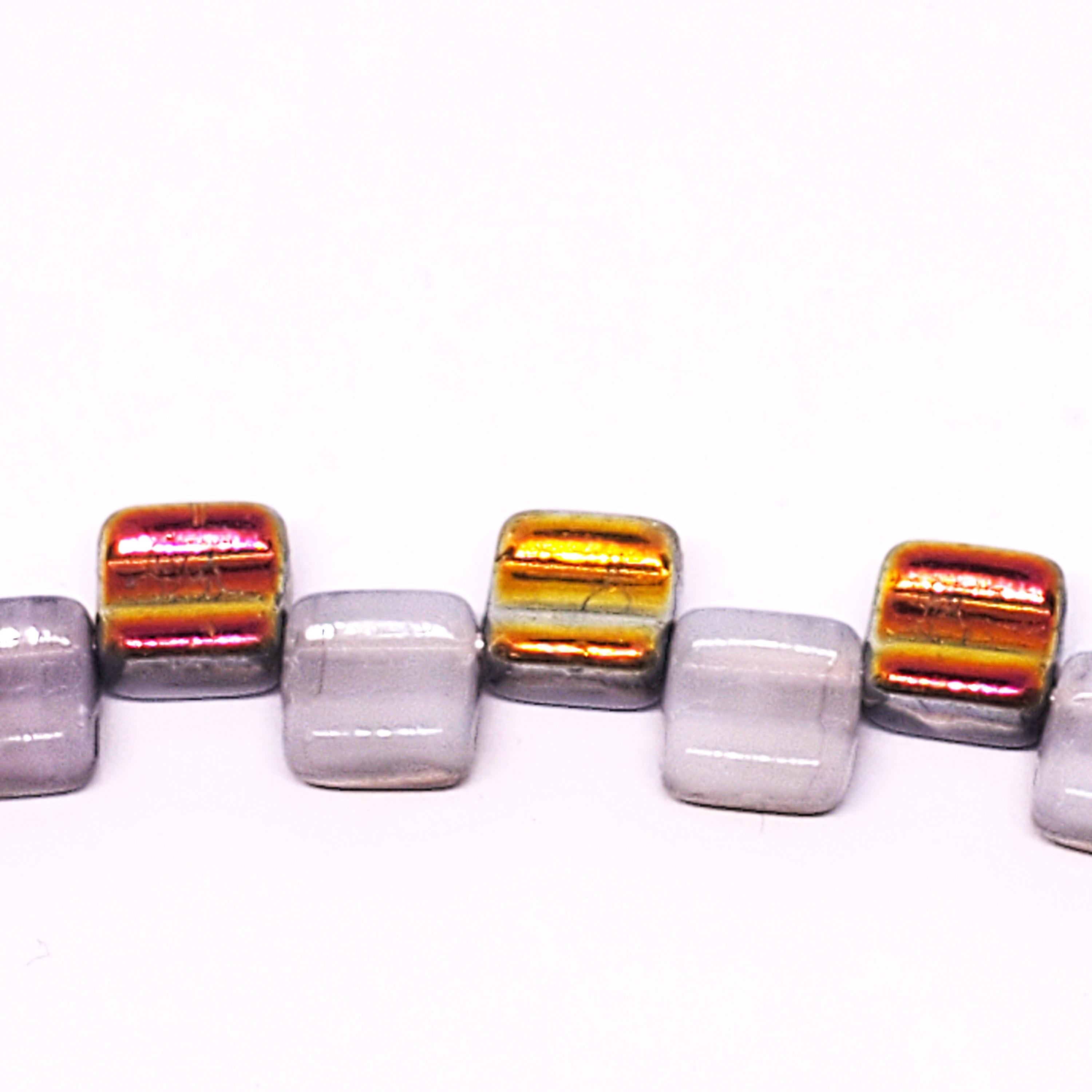 2-Hole Purple & Metallic Gold/Pink Czech Glass Square 6mm - 20pcs