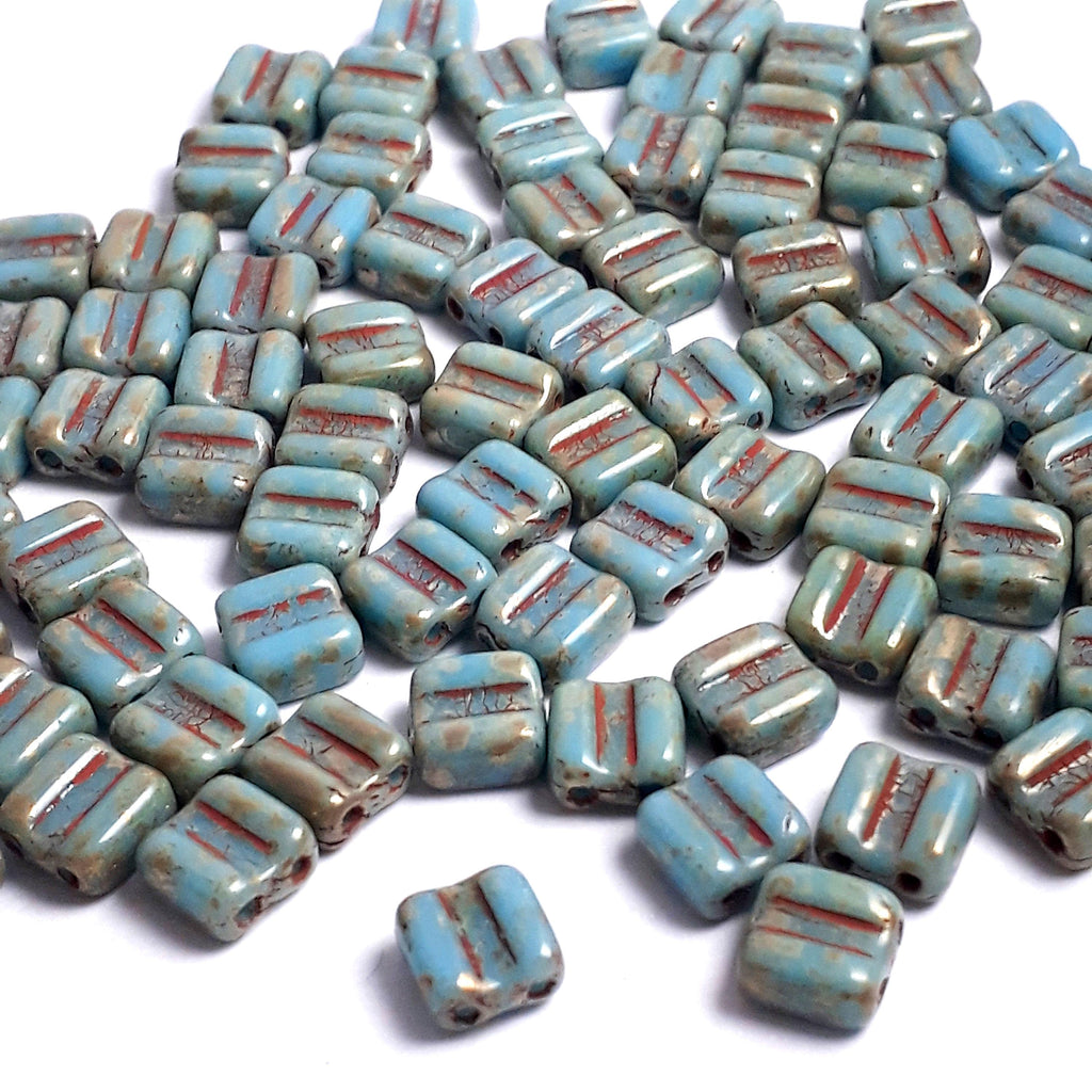 2-Hole Turquoise, Red & Gold Picasso Czech Glass Square 6mm - 20pcs