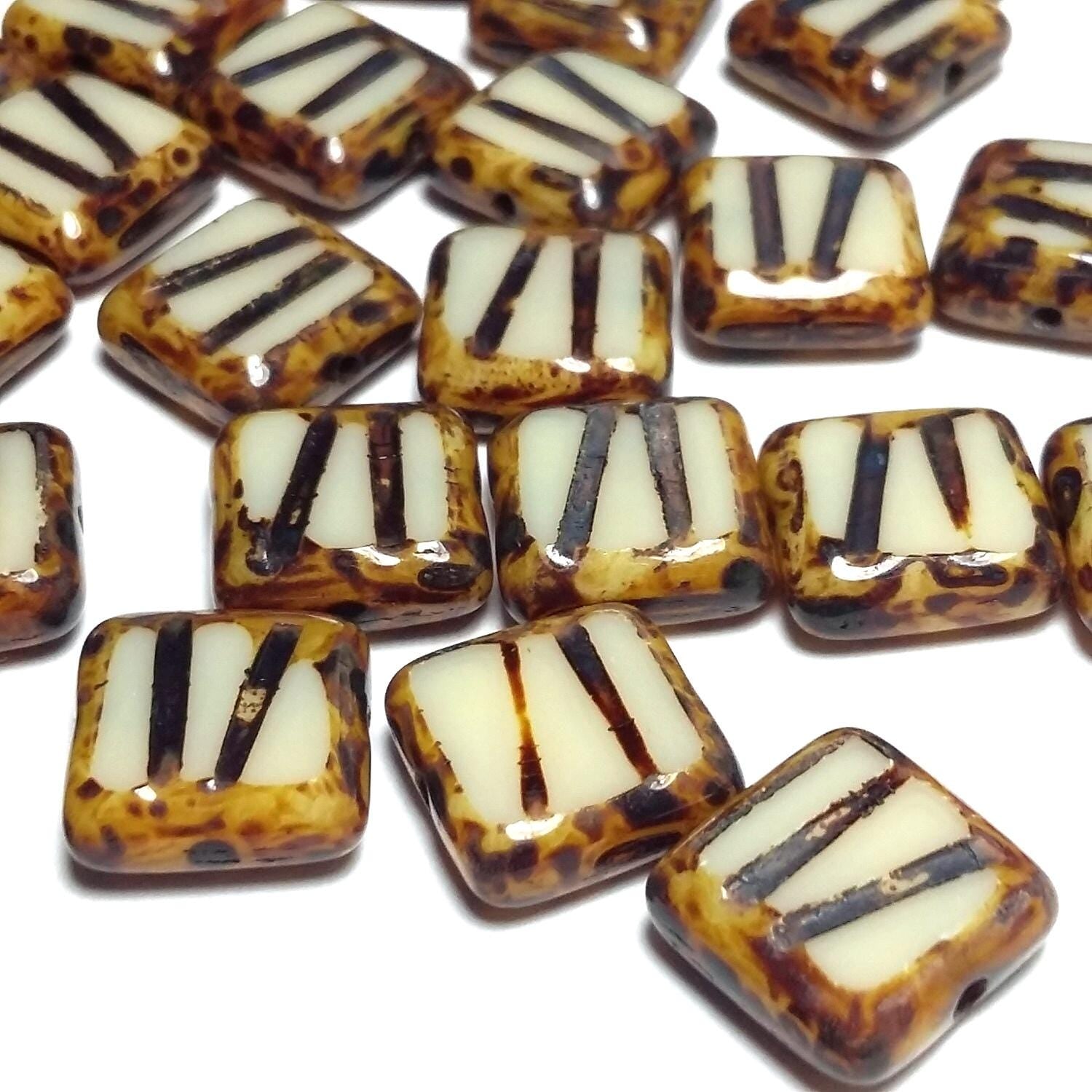 Table Cut Square Beige & Brown Czech Glass 10mm - 6pcs