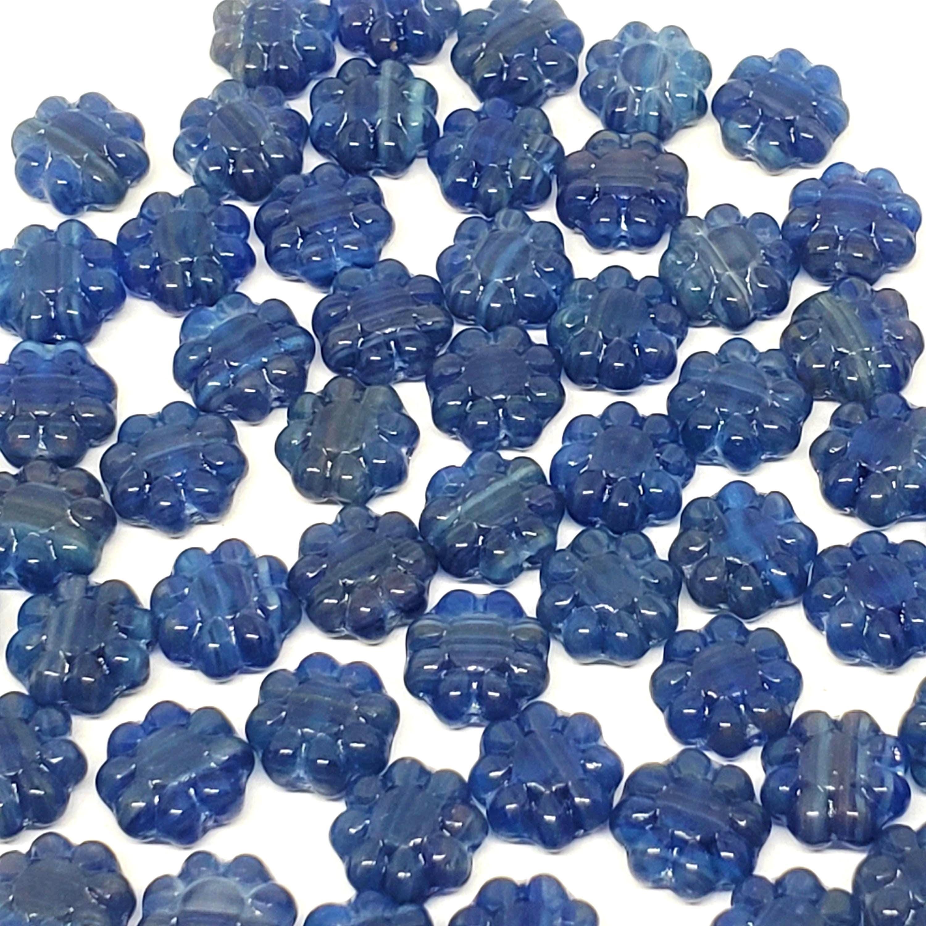Blue & Grey Czech Glass Hawaiian Flower 9mm - 10pcs