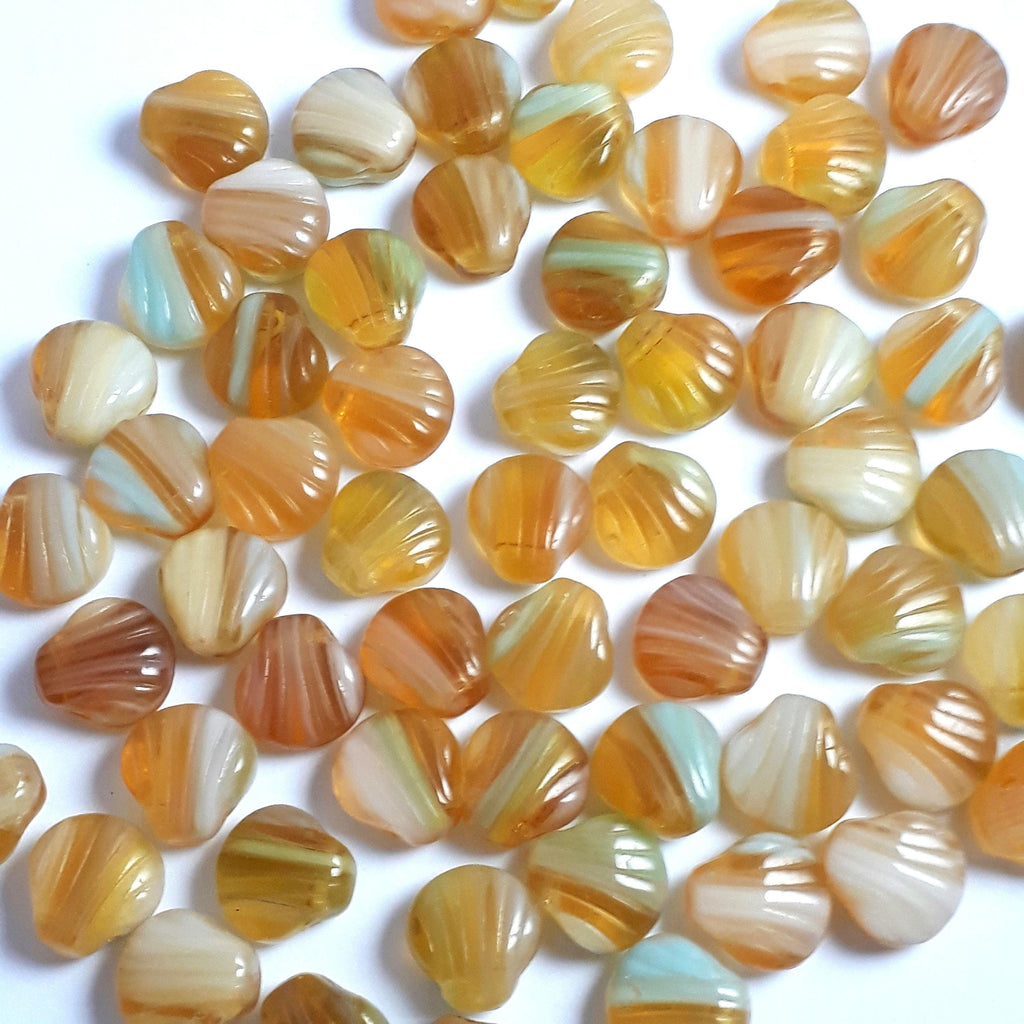 Amber, Green & Cream Shell Czech Glass 9mm - 10pcs