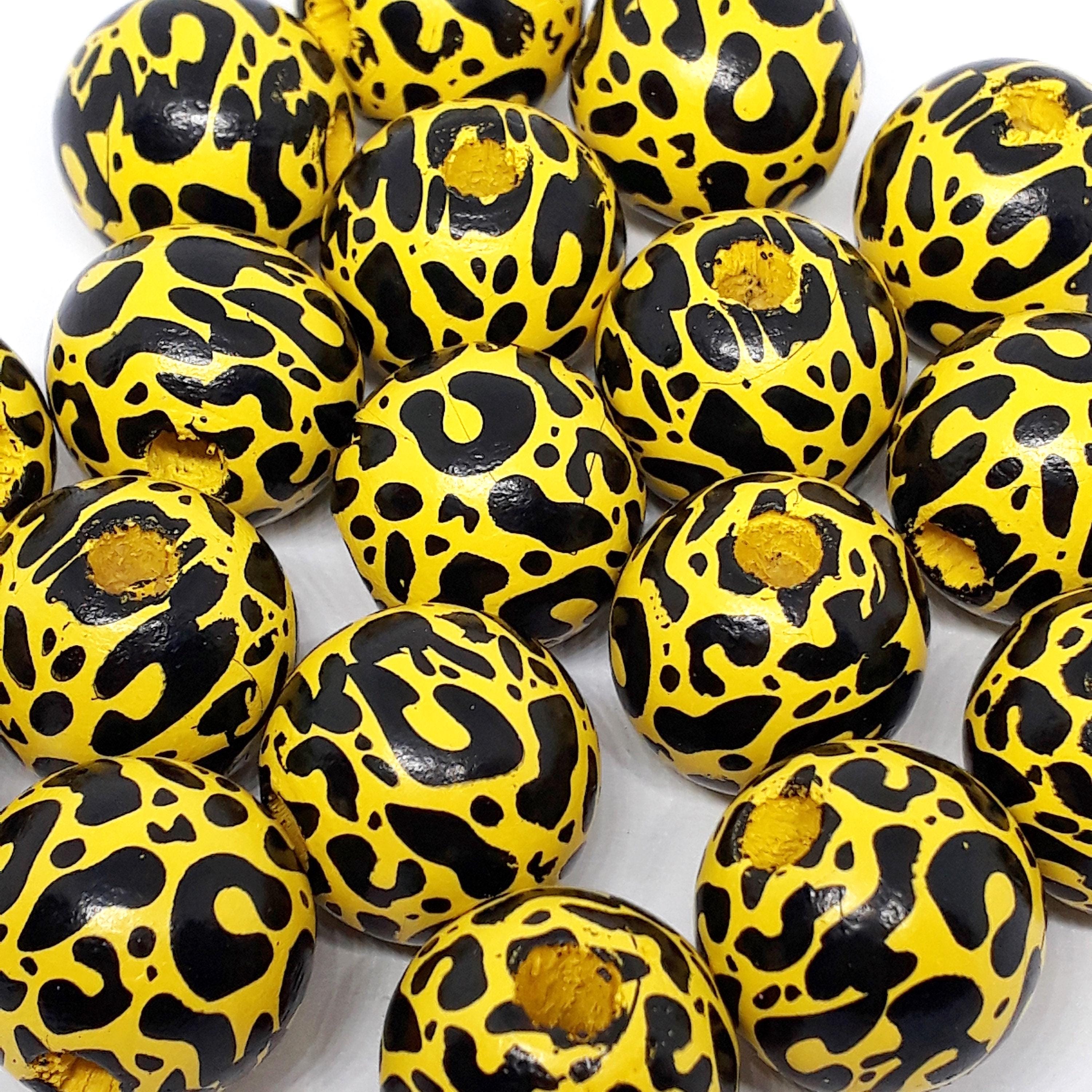 Yellow & Black Leopard Print Wood 16x15mm - 5pcs