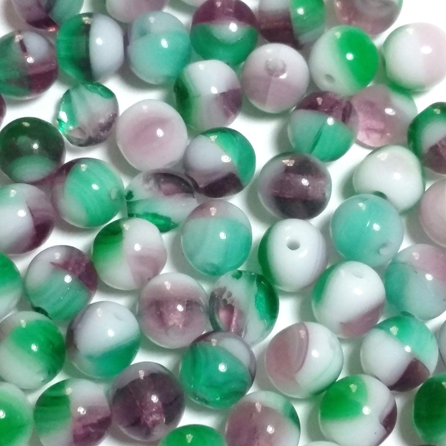 Purple, Green & White Czech Glass 6mm - 30pcs