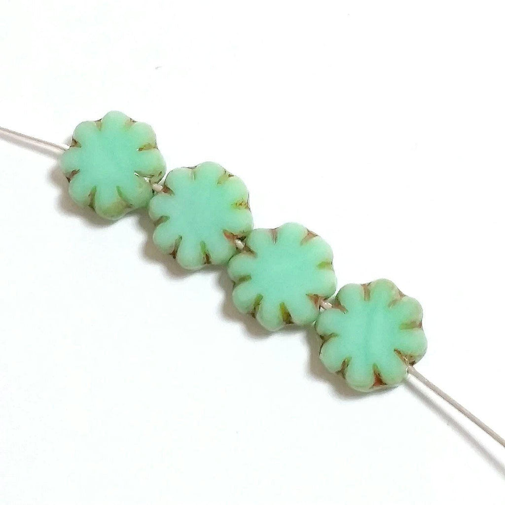 Green Flower Table Cut Czech Glass 9mm - 6pcs