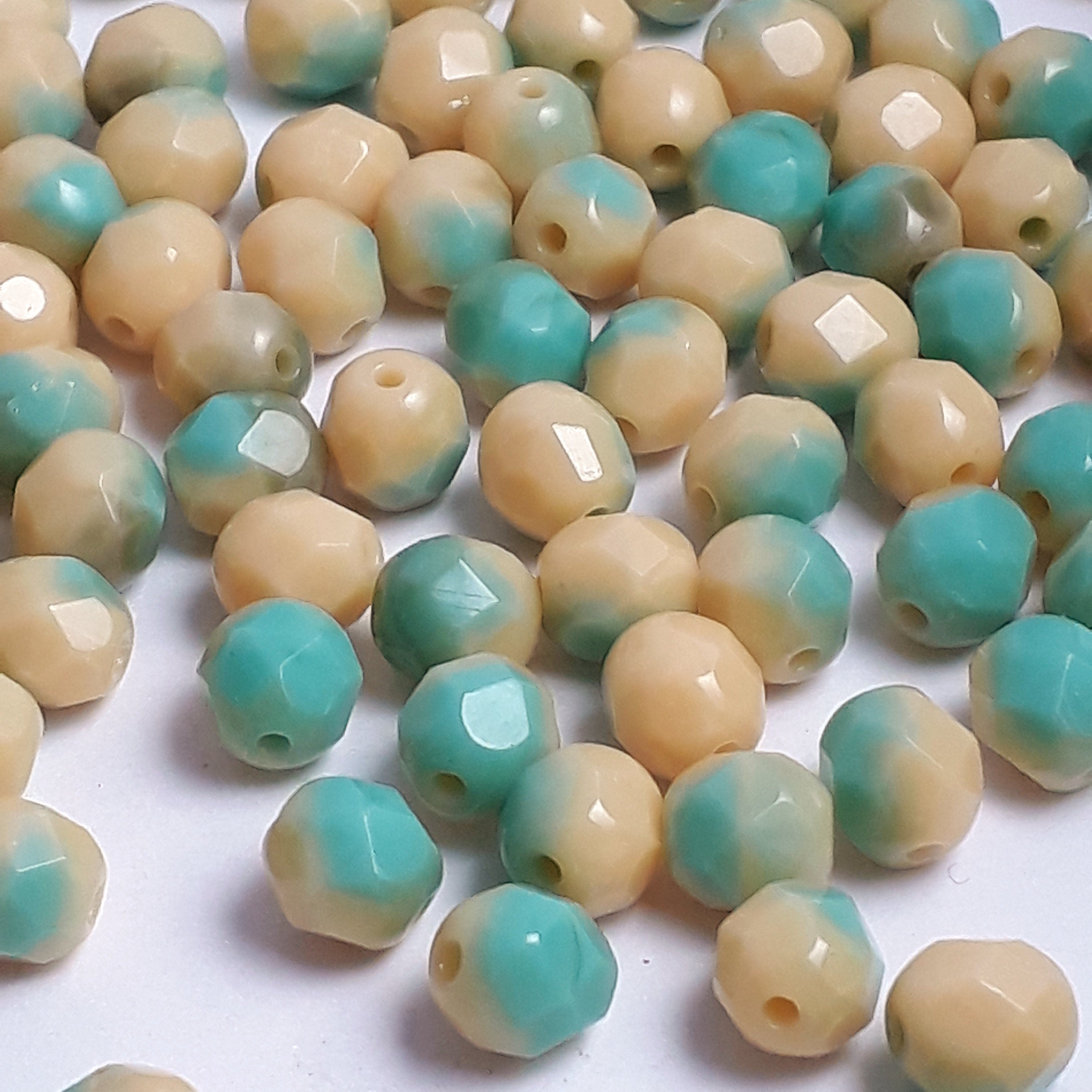 Turquoise & Cream Czech Glass Faceted Round 6mm - 20pcs