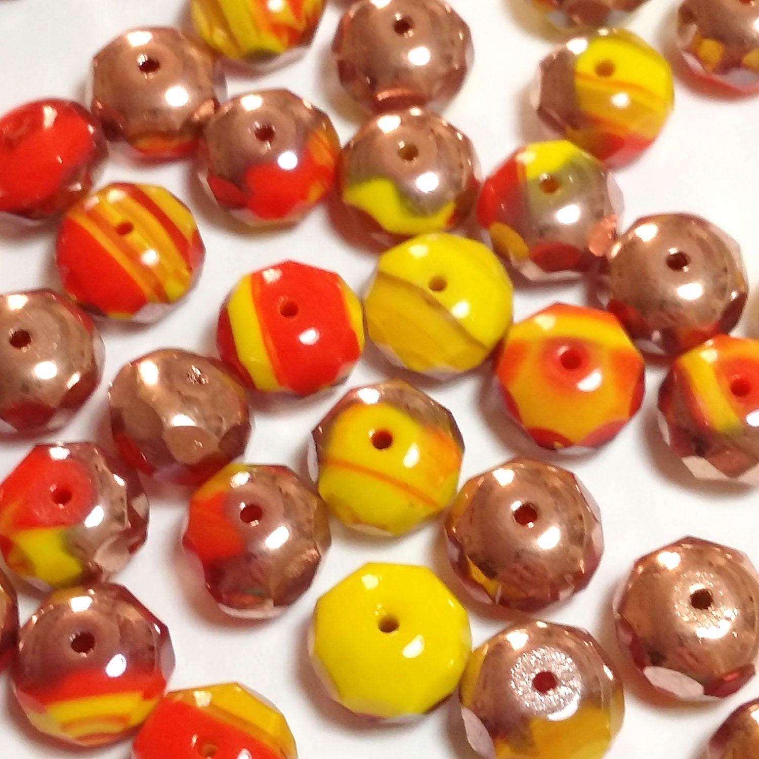 Red Yellow & Bronze Rondelle Czech Glass 11x7mm - 6pcs