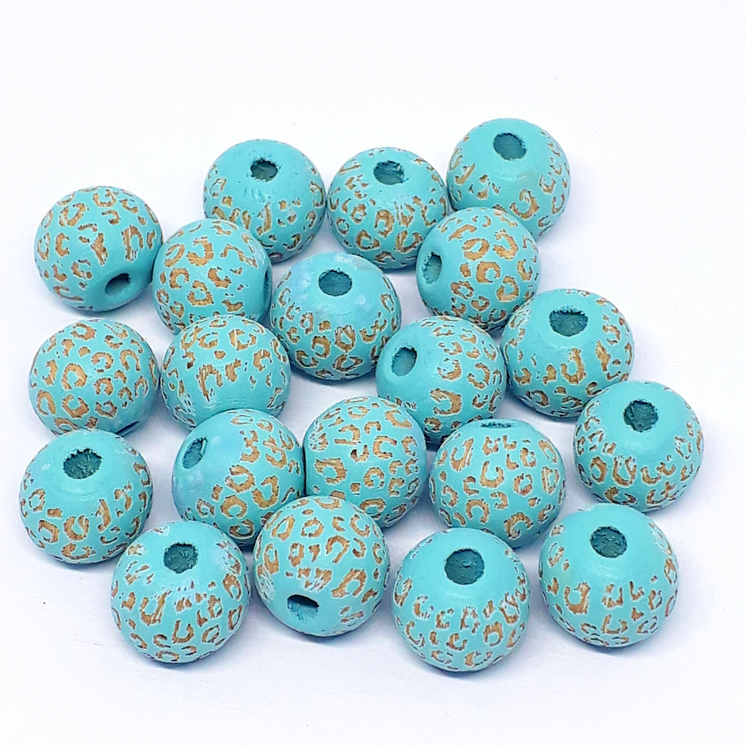 Turquoise Leopard Print Carved Wood Round 10x9mm - 5pcs