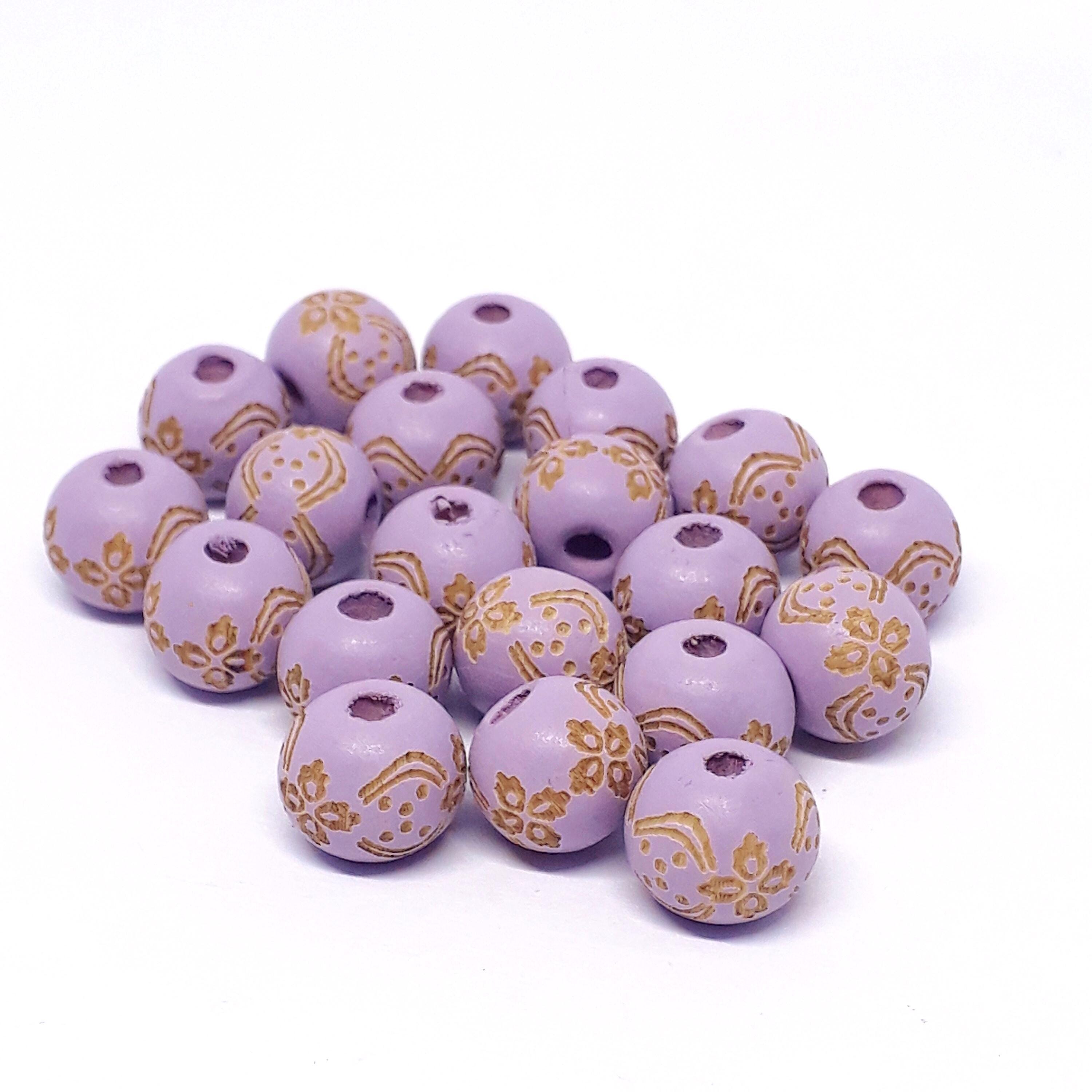 Purple Carved Floral Wooden Round 10x9mm - 5pcs