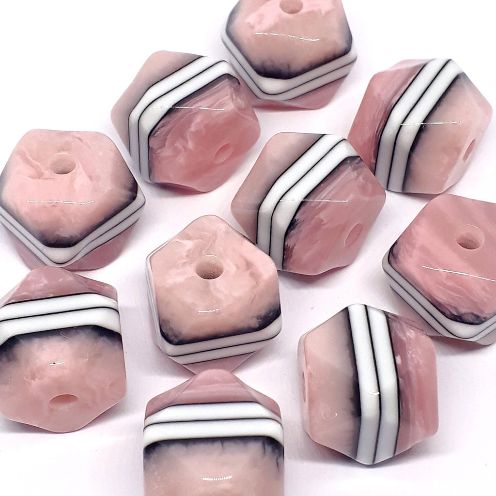 Pink White Striped Faceted Cube Resin 15mm - 2pcs