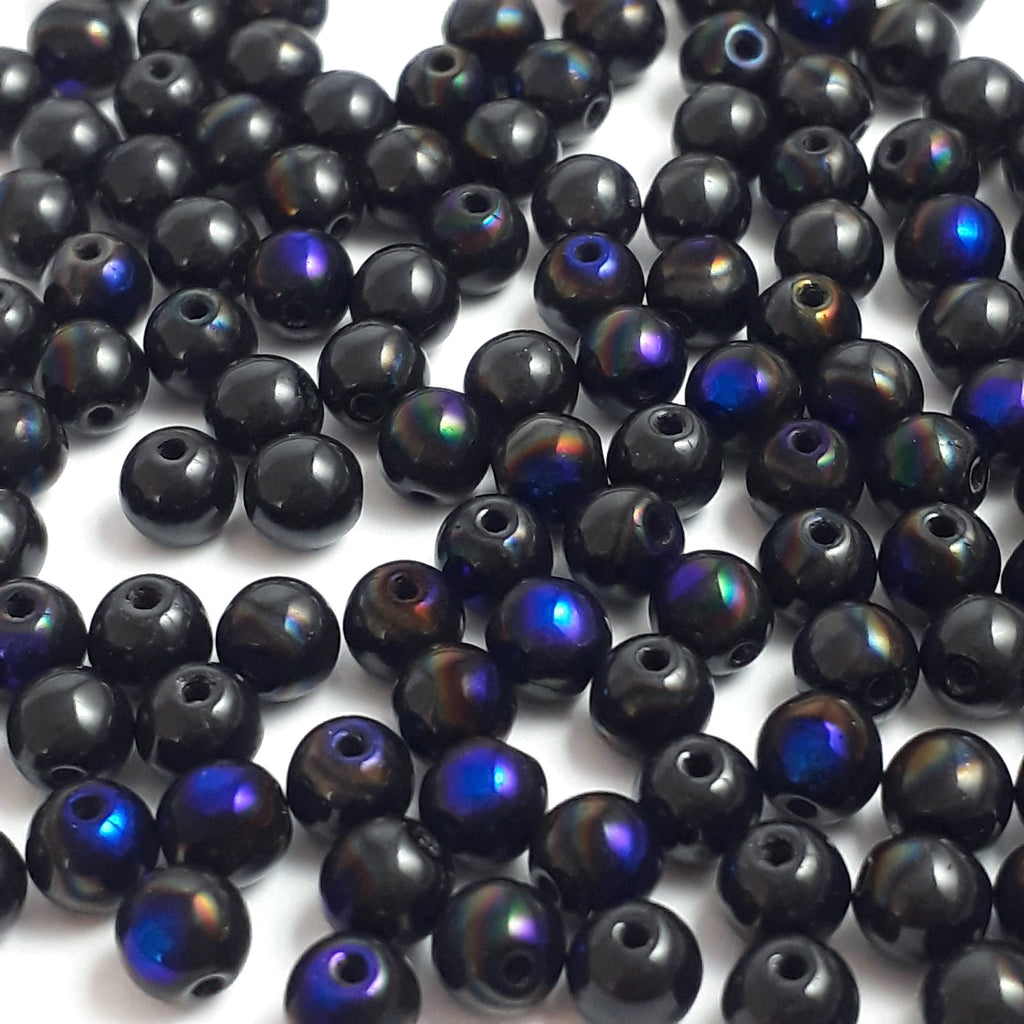 Black & Metallic Blue Czech Glass Round 6mm - 30pcs