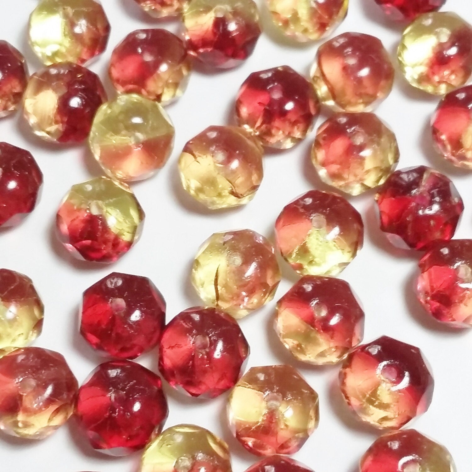 Cherry Red & Yellow Czech Glass Faceted Rondelle 8x6mm - 10pcs