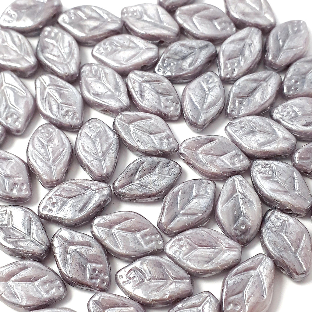 Silvery Purple Lustre Czech Glass Leaf 12x7mm - 20pcs