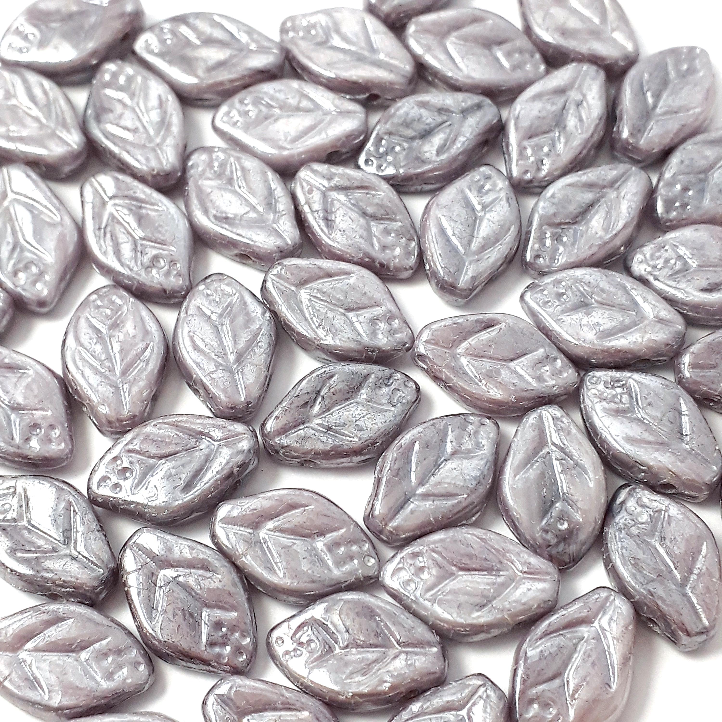 Silvery Purple Lustre Czech Glass Leaf 12x7mm - 20pcs