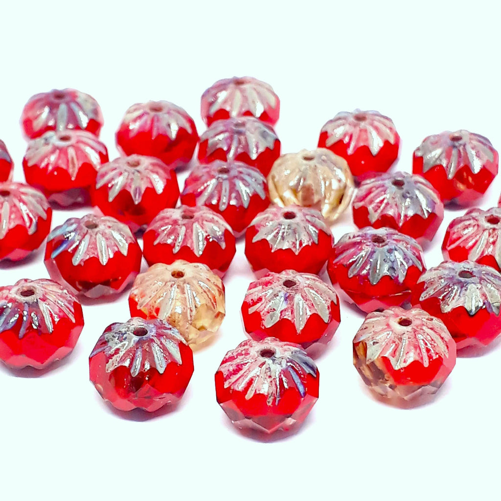 Red & Clear Czech Glass Rondelle Cathedral 10x7mm - 6pcs