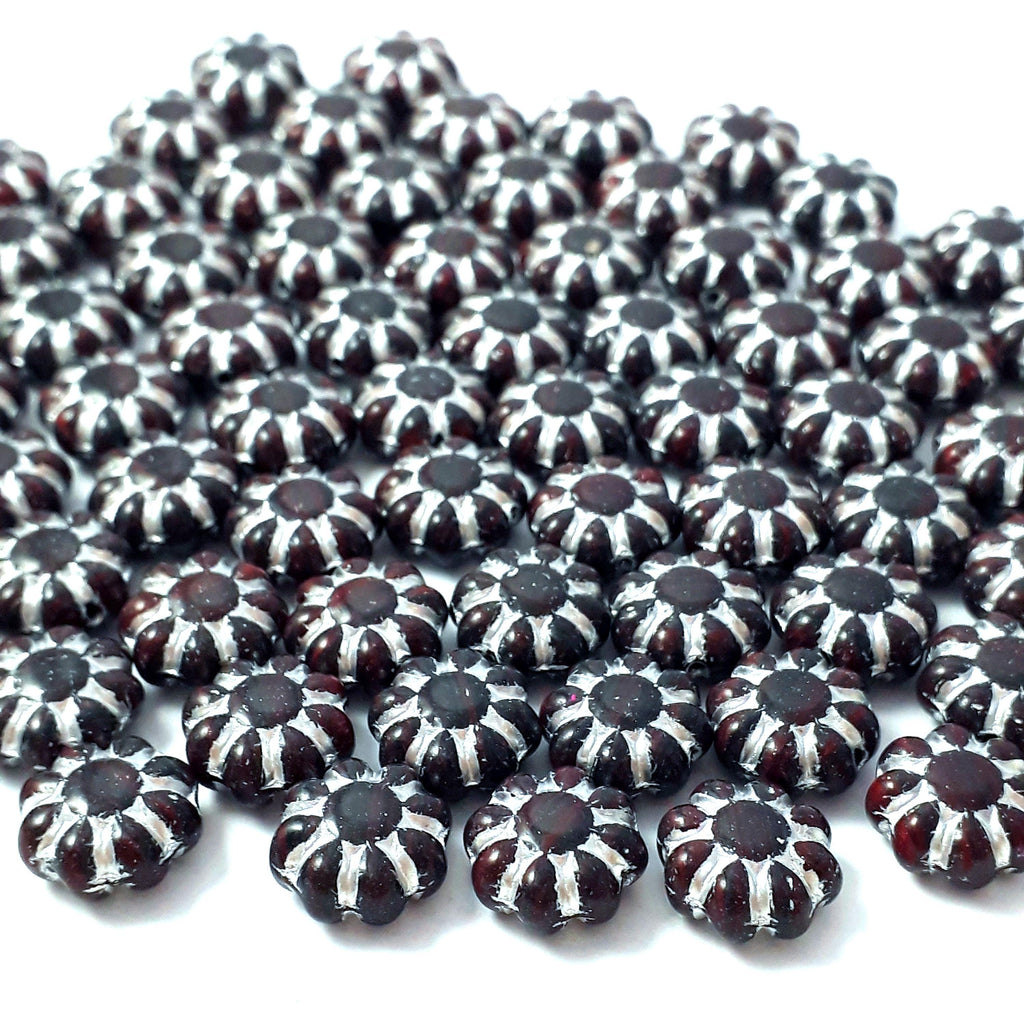 Black, Red & Silver Lined Czech Glass Hawaiian Flower 9mm - 10pcs