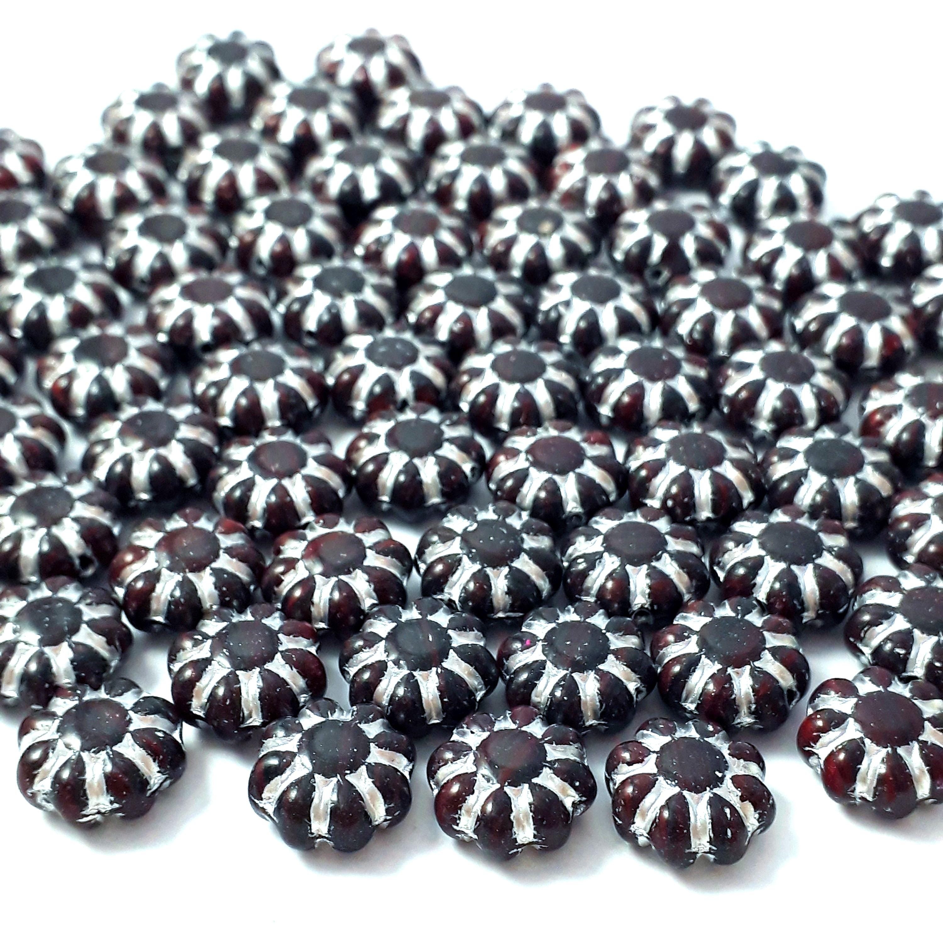 Black, Red & Silver Lined Czech Glass Hawaiian Flower 9mm - 10pcs
