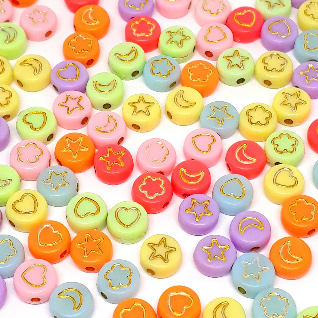 Heart/Moon/Star/Flower Mixed Colour Round Acrylic 7mm - 100pcs
