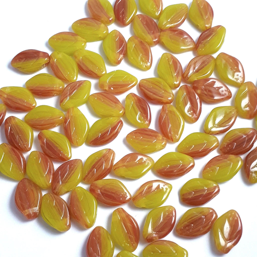Greenish Yellow & Orange Czech Glass Leaf 12x7mm - 20pcs