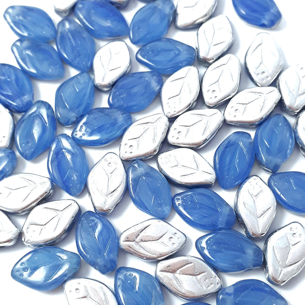 Silver & Blue Czech Glass Leaf 12x7mm - 20pcs