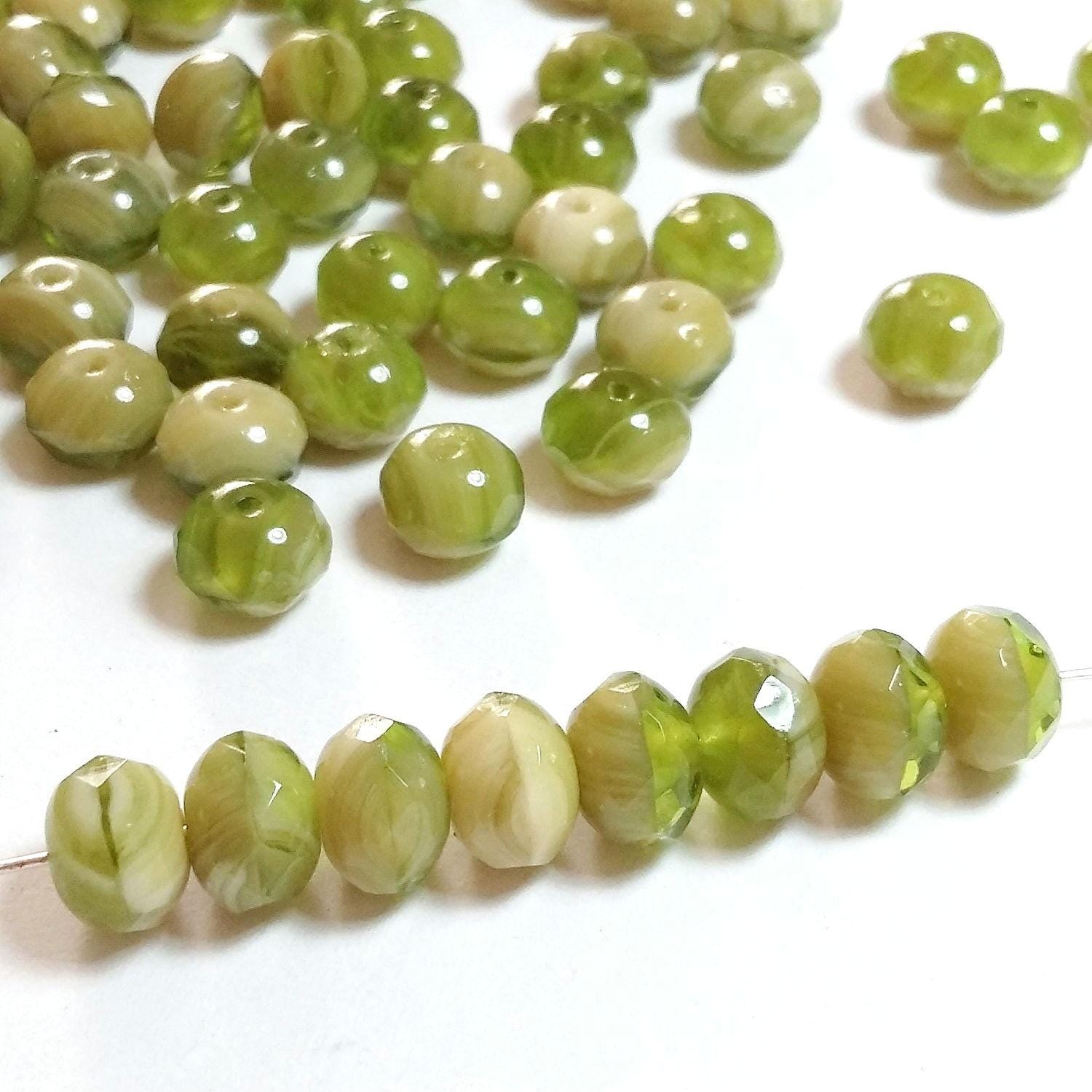 Cream & Green Czech Glass Rondelle 9x6mm - 10pcs
