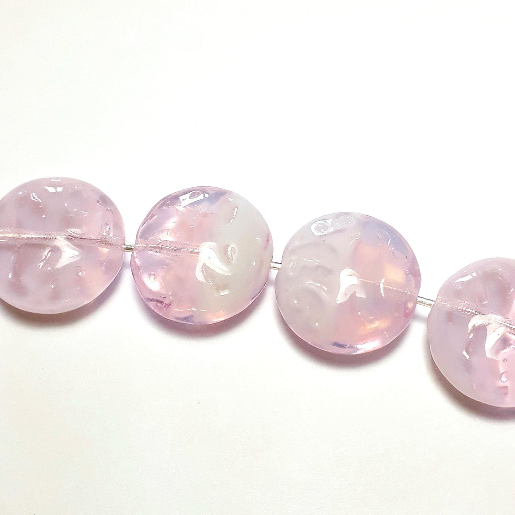 Pink & White Carved Czech Glass 14mm - 6pcs