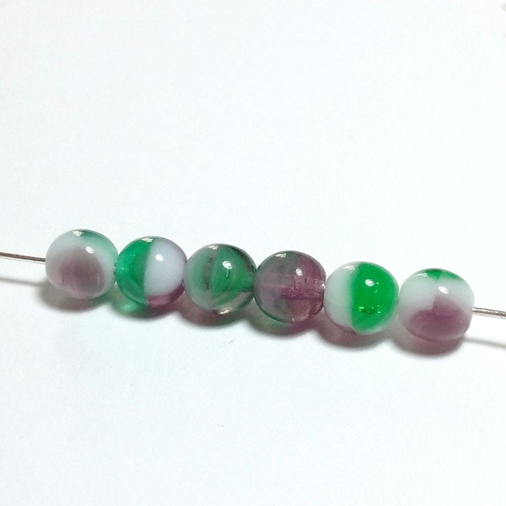 Purple, Green & White Czech Glass 6mm - 30pcs