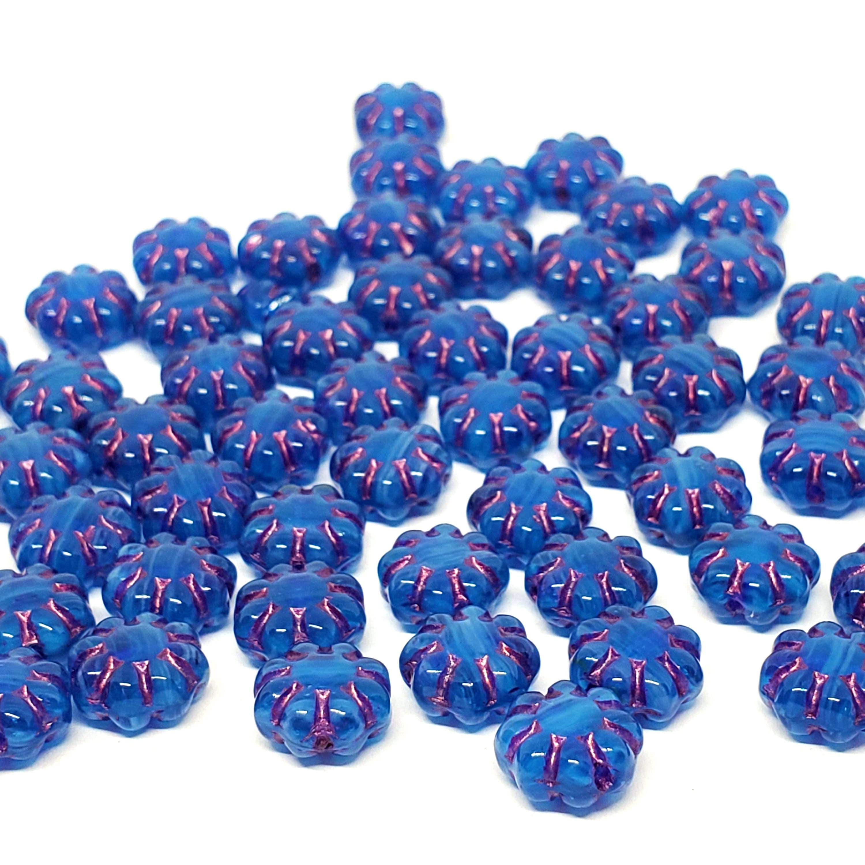 Blue & Magenta Lined Czech Glass Hawaiian Flower 9mm - 10pcs