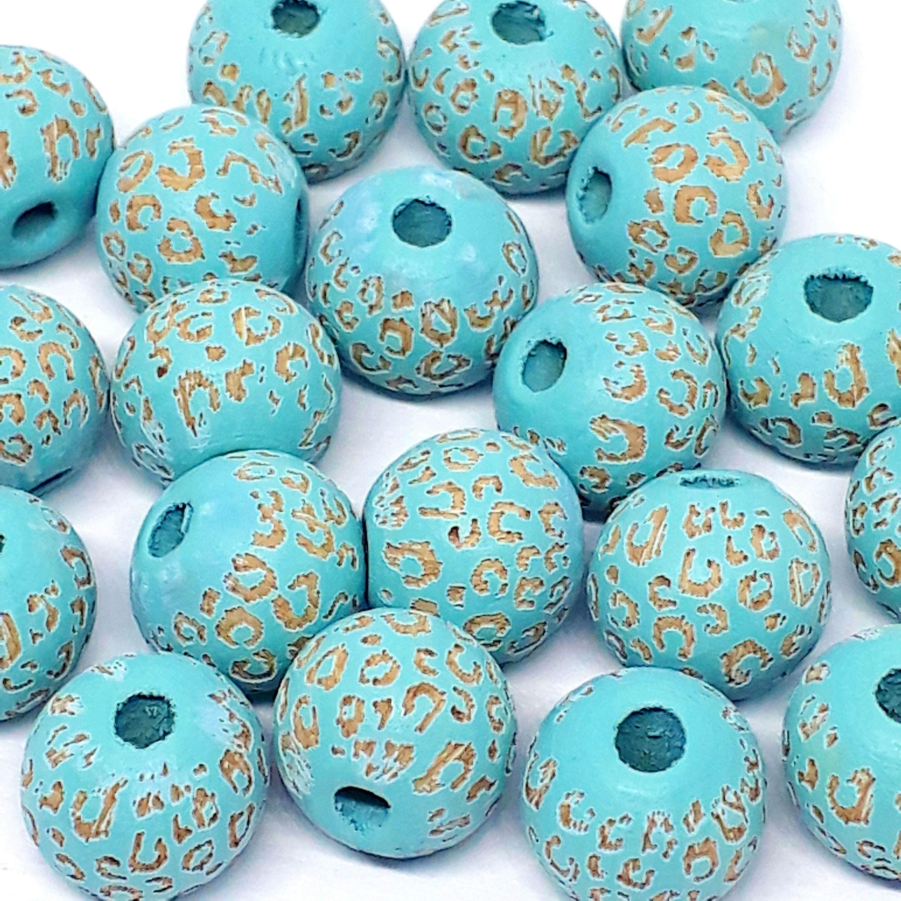 Turquoise Leopard Print Carved Wood Round 10x9mm - 5pcs