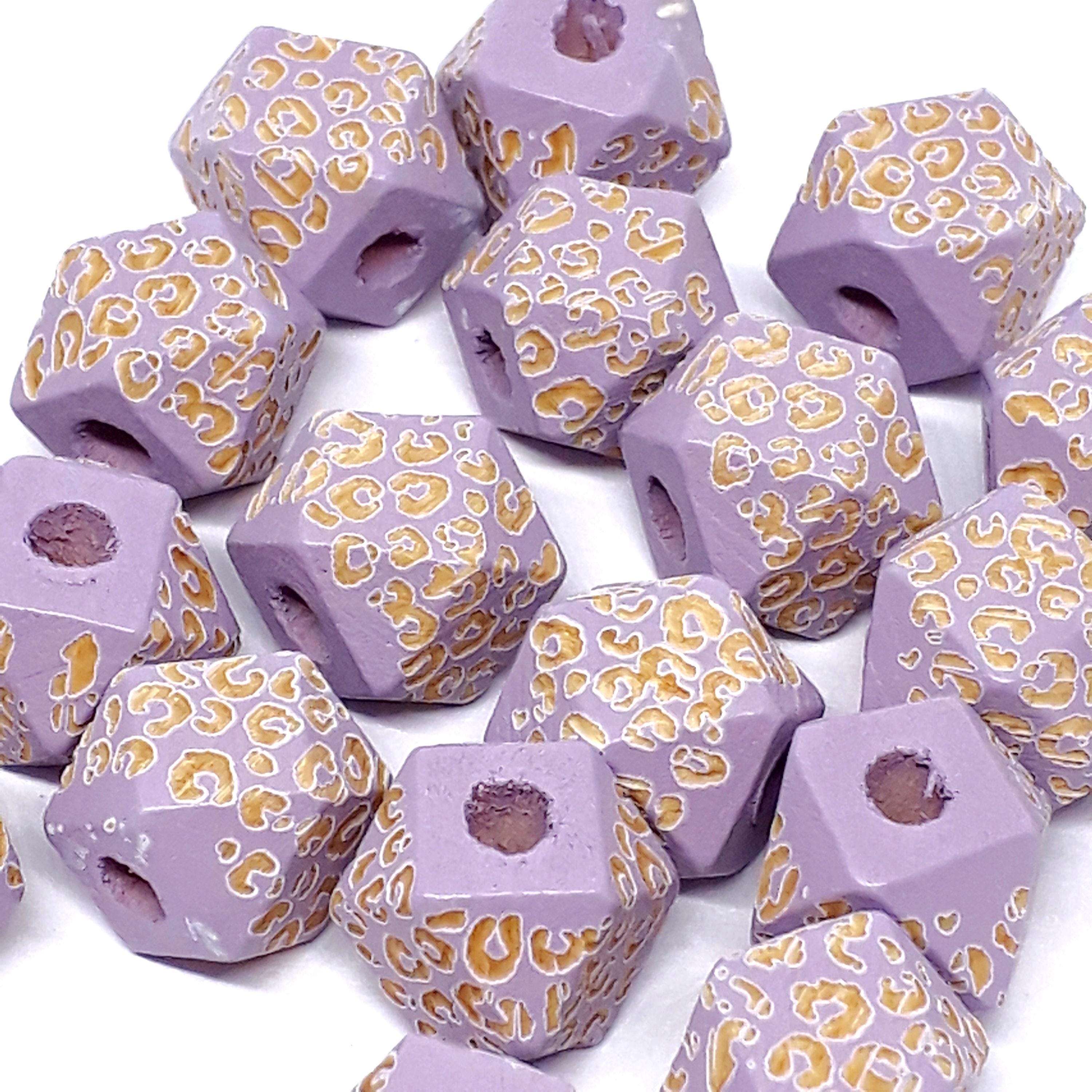 Purple Leopard Print Wood Polygon 10x10mm - 5pcs
