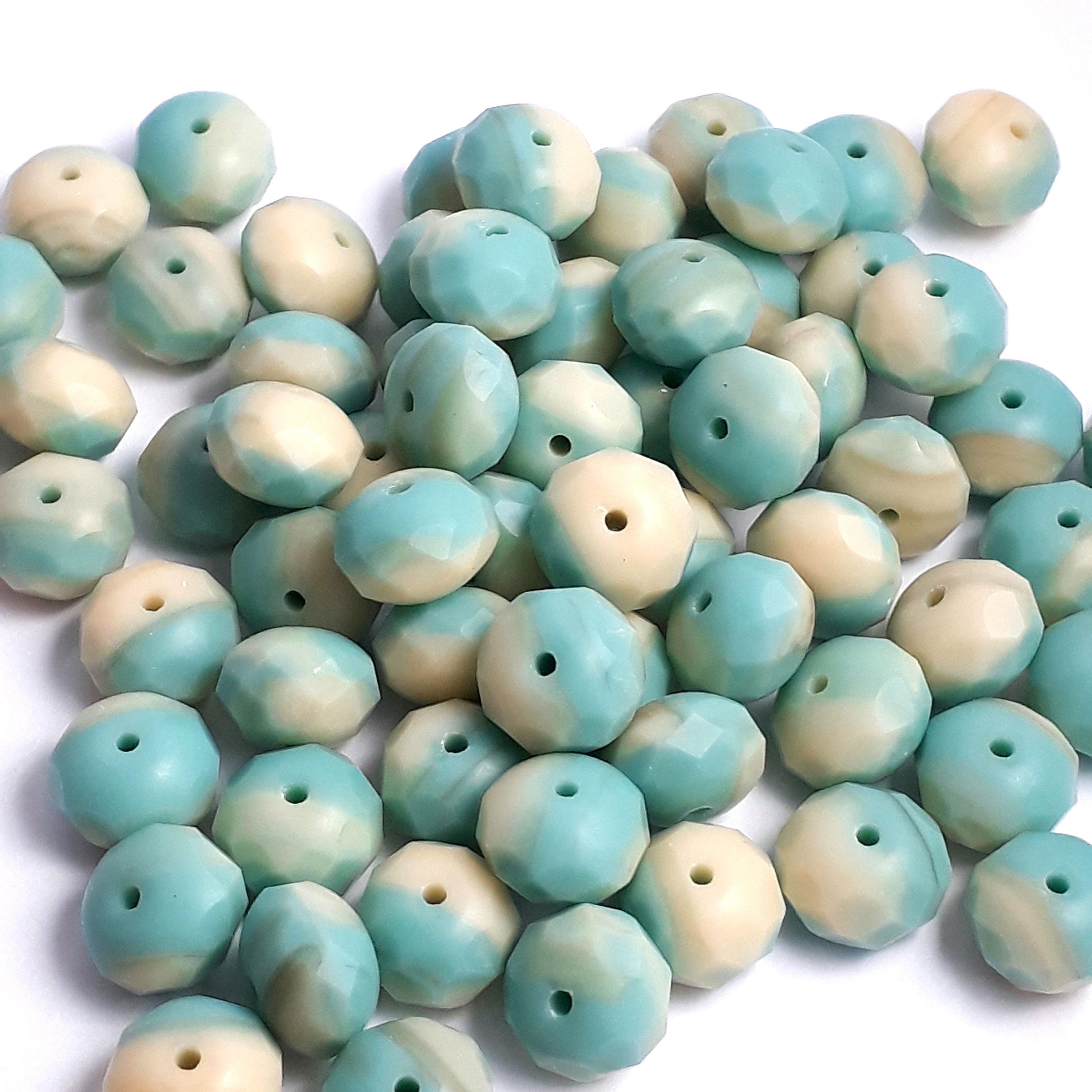 Matte Turquoise & Cream Czech Glass Rondelle 9x6mm - 10pcs