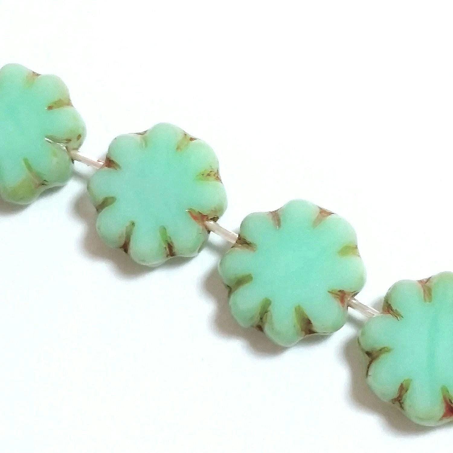 Green Flower Table Cut Czech Glass 9mm - 6pcs