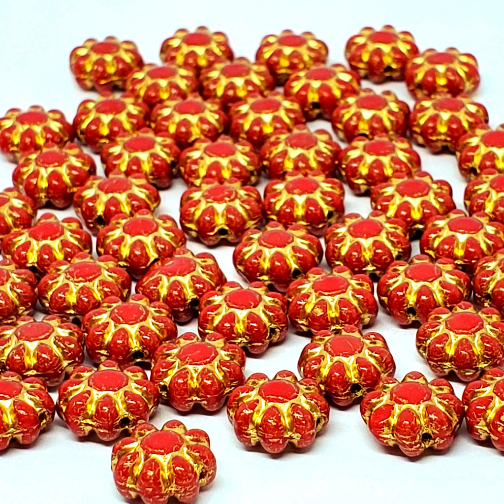 Red/Gold-Lined Czech Glass Hawaiian Flower 9mm - 10pcs