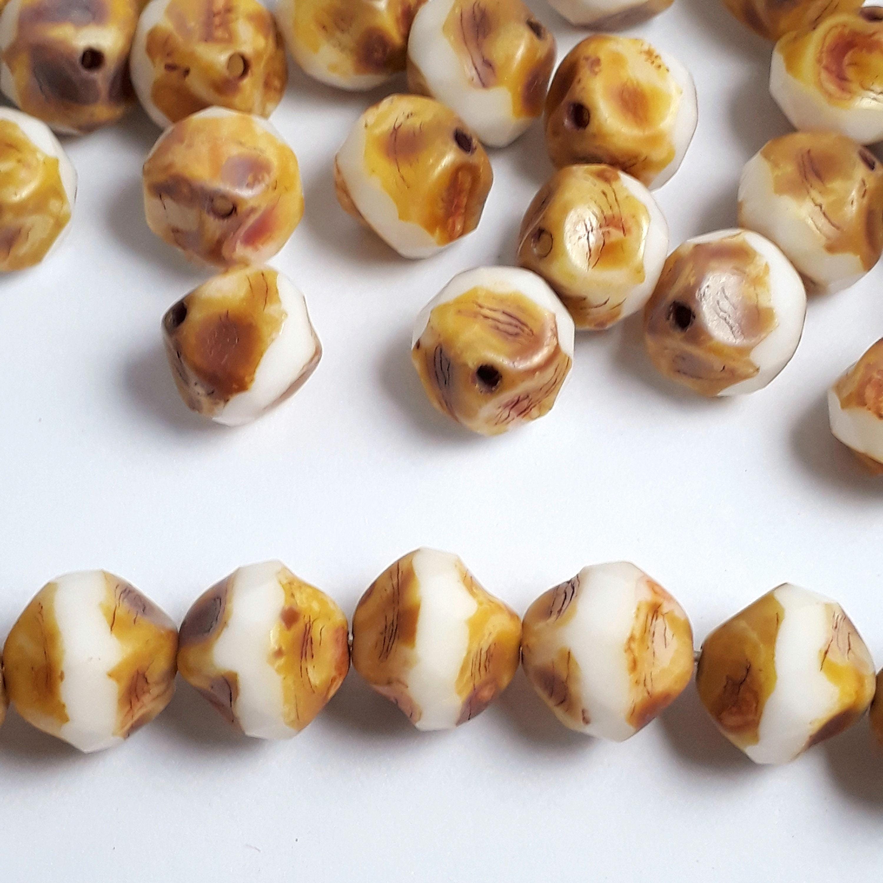 White & Brown Czech Glass Faceted Round 9x8mm - 6pcs