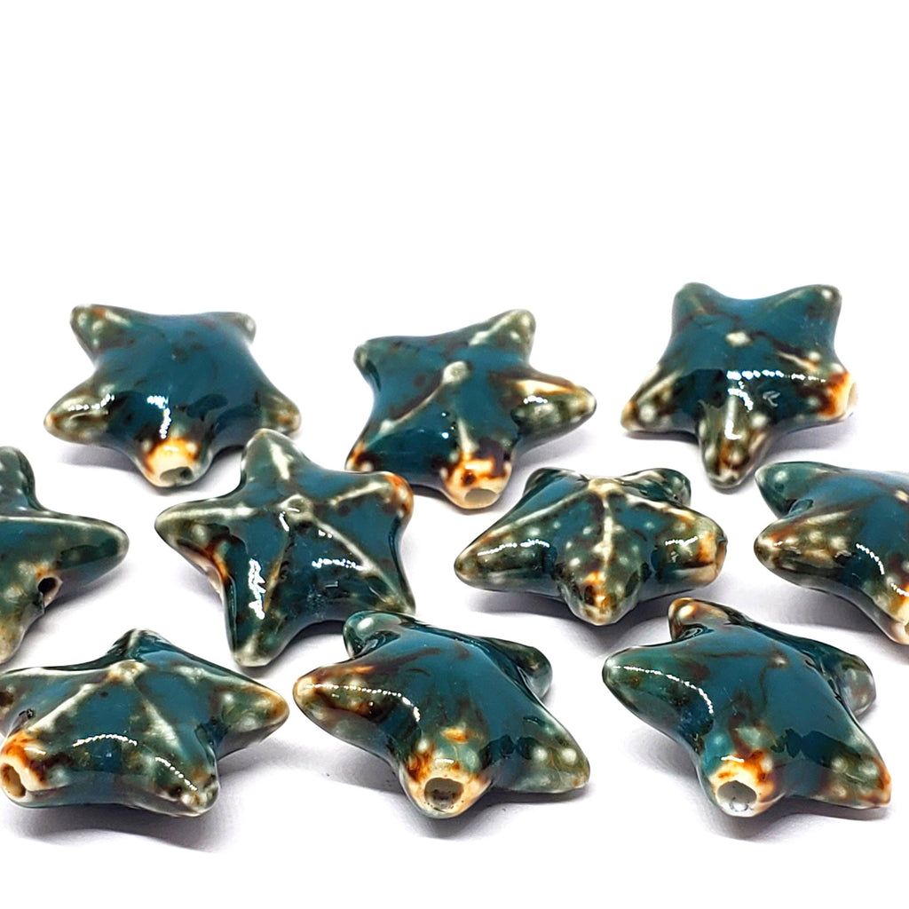 Teal Starfish Glazed Ceramic 22mm - 2pcs