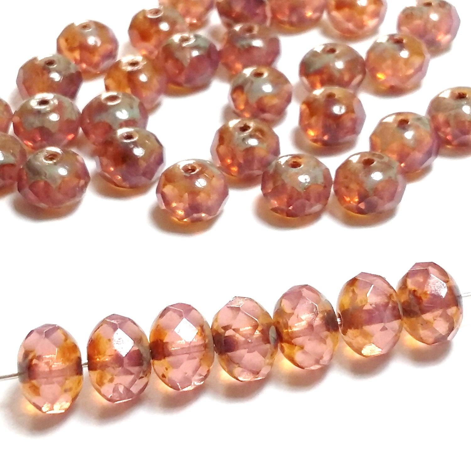 Pink Rondelle Czech Glass Faceted Cathedral 8x6mm - 6pcs