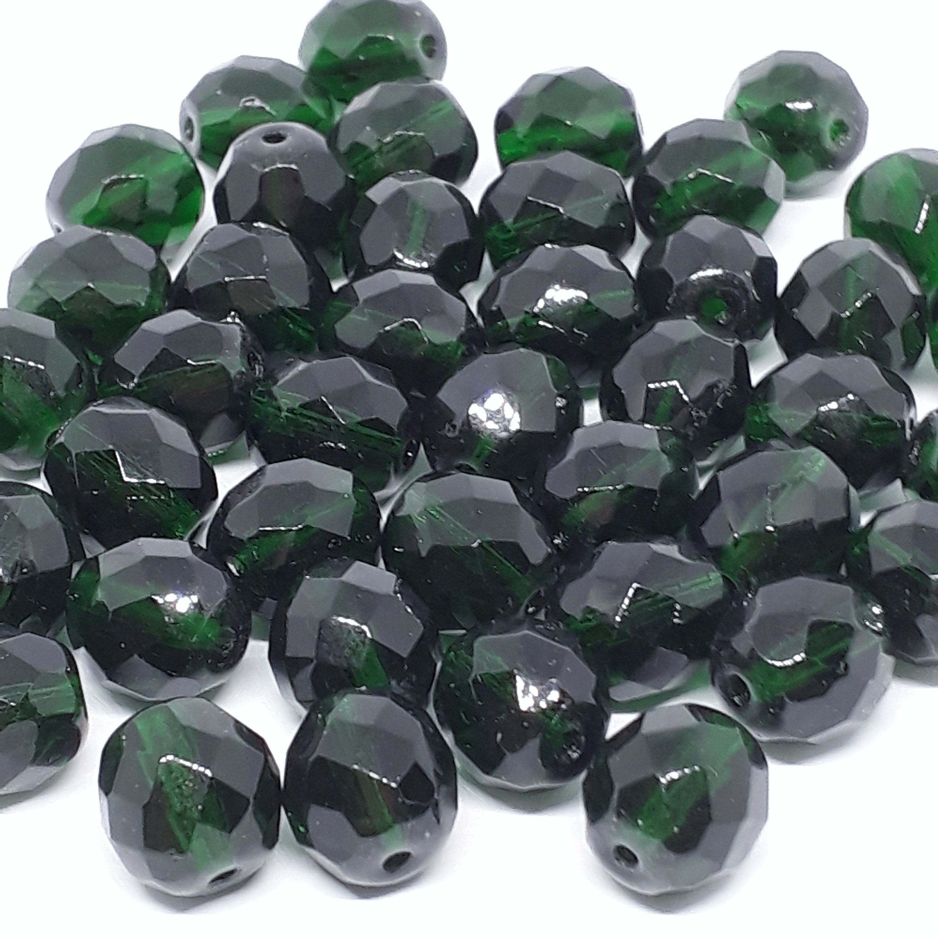 Dark Green Faceted Czech Glass Round 10x9mm - 10pcs