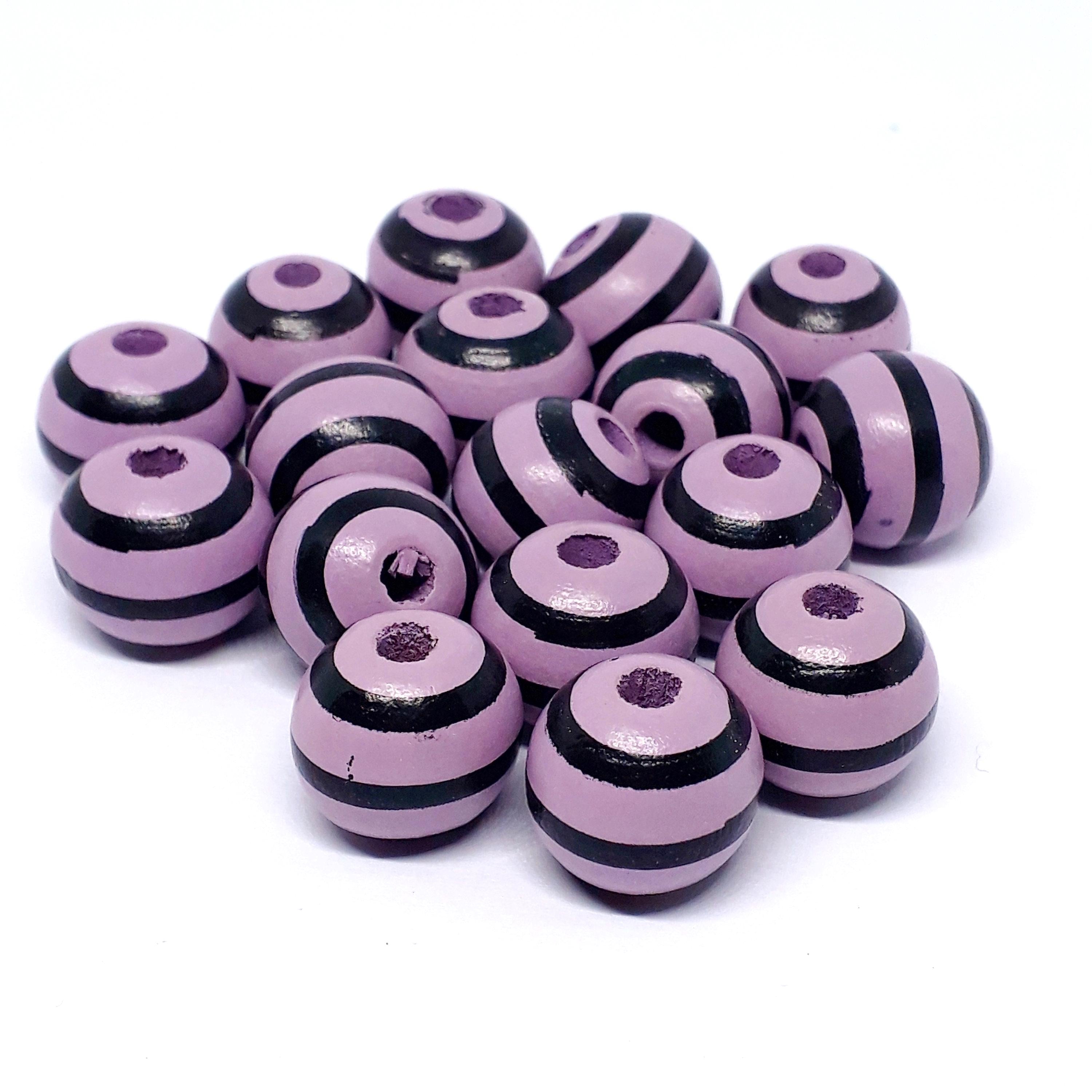 Purple & Black Striped Wood 16x15mm - 5pcs